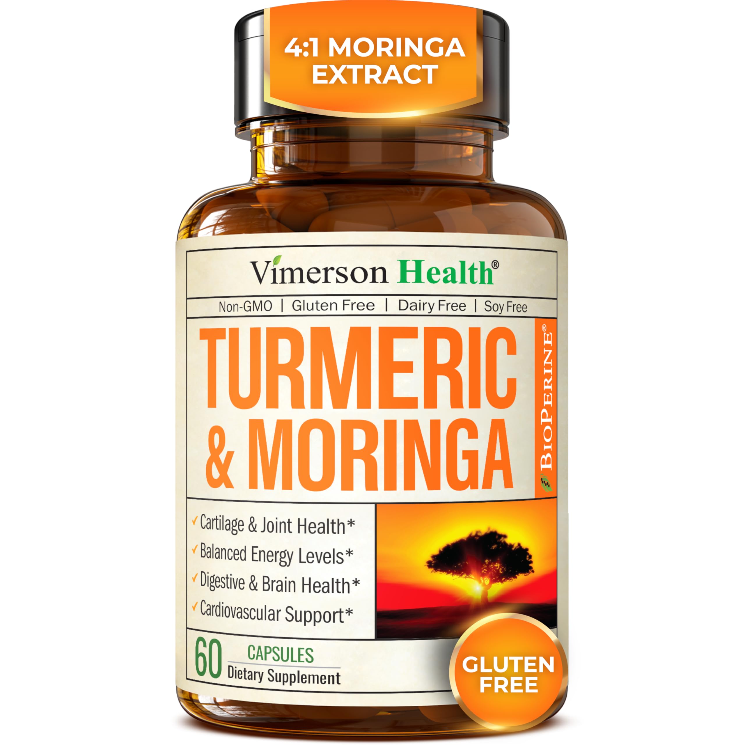 Moringa Turmeric Supplement for Joint Health, Gut Health, Energy and Immune Support – Total Wellness Formula with Tumeric Moringa Pure Capsules – Turmeric Curcumin with Black Pepper – 60 Count