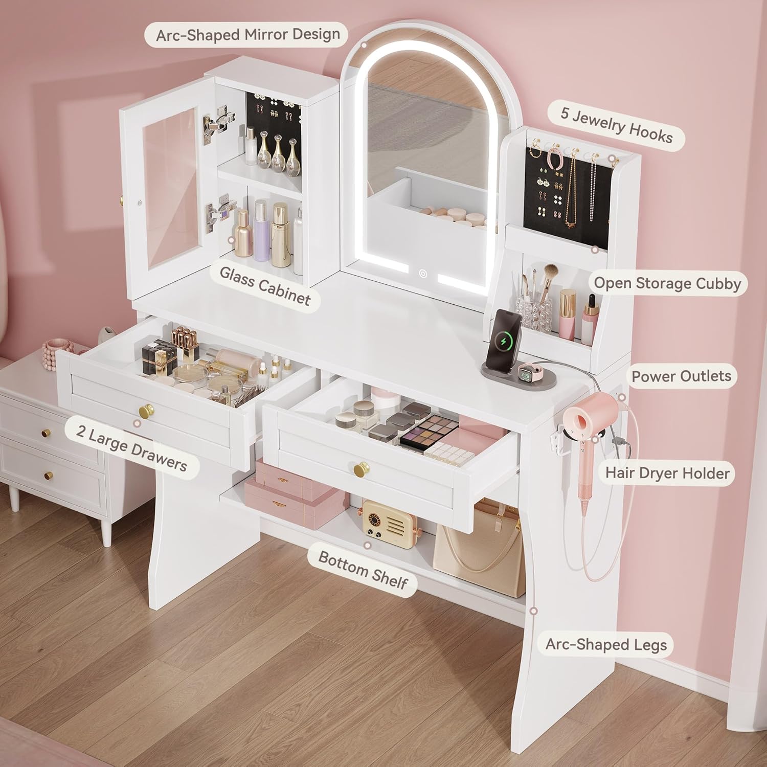 DWVO Makeup Vanity with Mirror and Lights, Makeup Vanity with Charging Station, Jewelry Storage Cabinet, Open Shelves