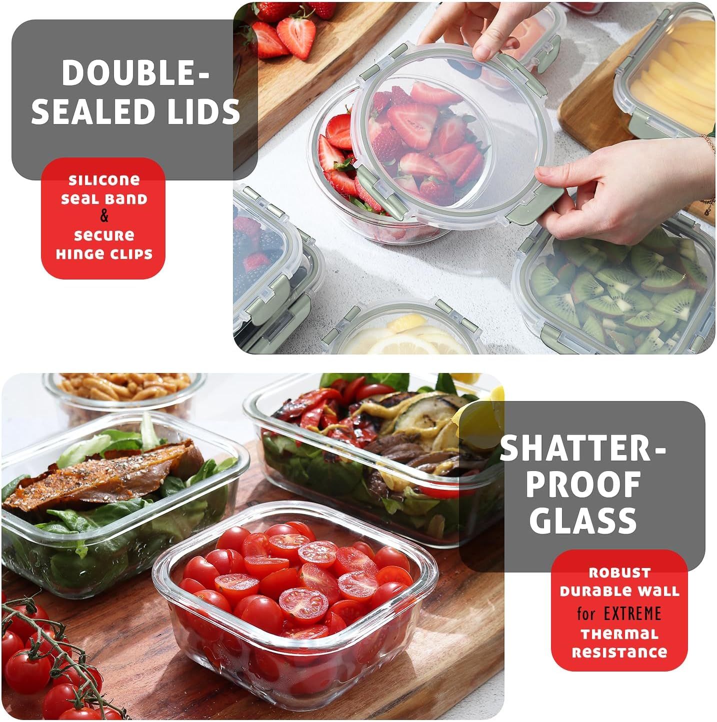 EATEX 24pc Glass Storage Containers with Lids, 12 Glass Food Storage Containers with 12 Airtight Lids for Pantry & Kitchen, Meal Prep Containers for Lunch, Oven Freezer Microwave & Dishwasher Safe