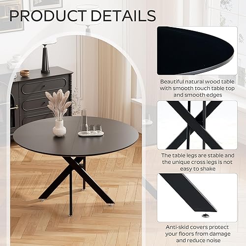 Miniatura 6 de RGZ Juego de mesa de comedor de estilo moderno de mediados de siglo en negro para 4, mesa redonda rústica retro de estilo granja de 47' para la