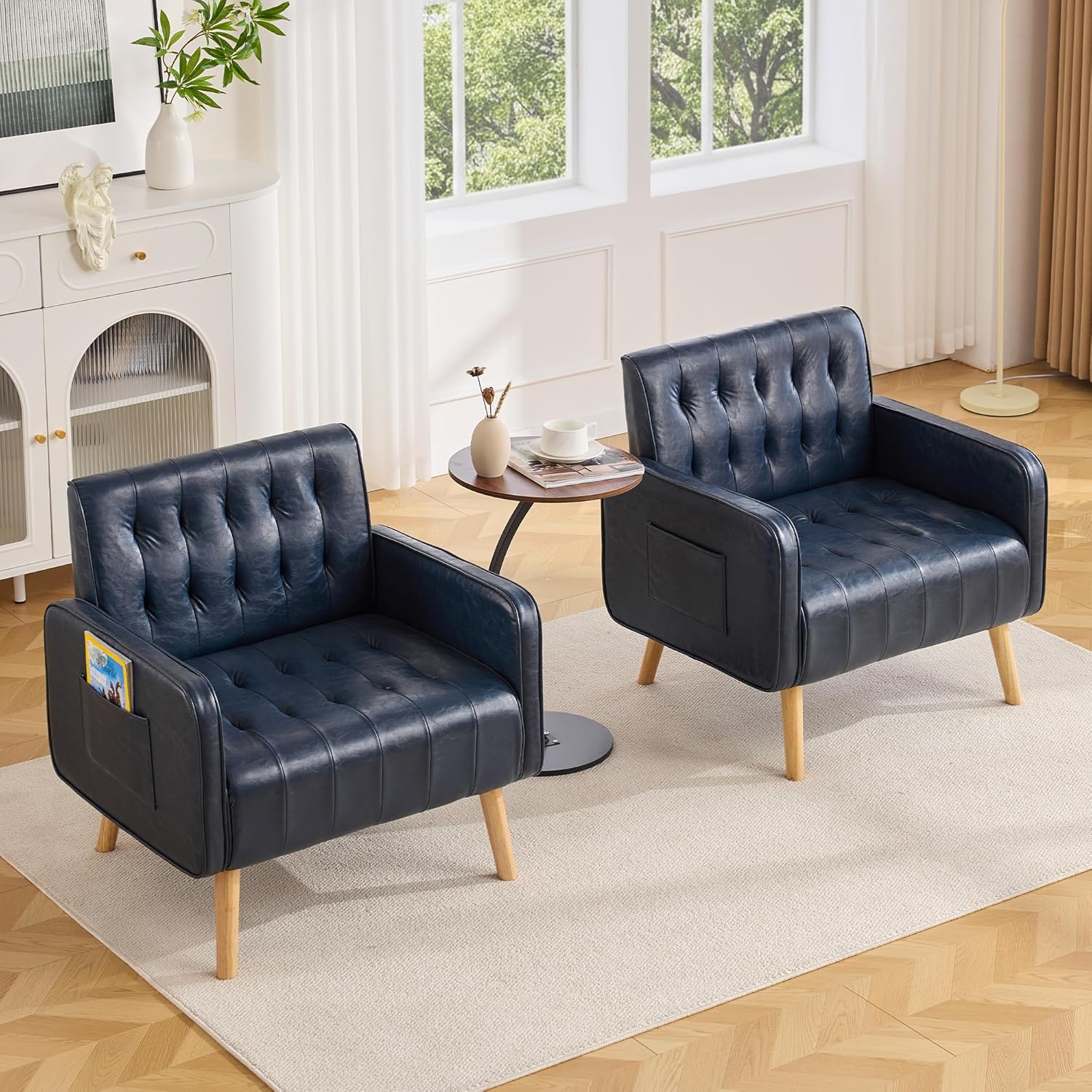 Leather Accent Chair Set of 2, Mid-Century Modern Tufted Living Room Chair with Wooden Legs and Side Pocket, Cozy Office Reading Chair, Comfy Armchair for Living Room, Waiting Room