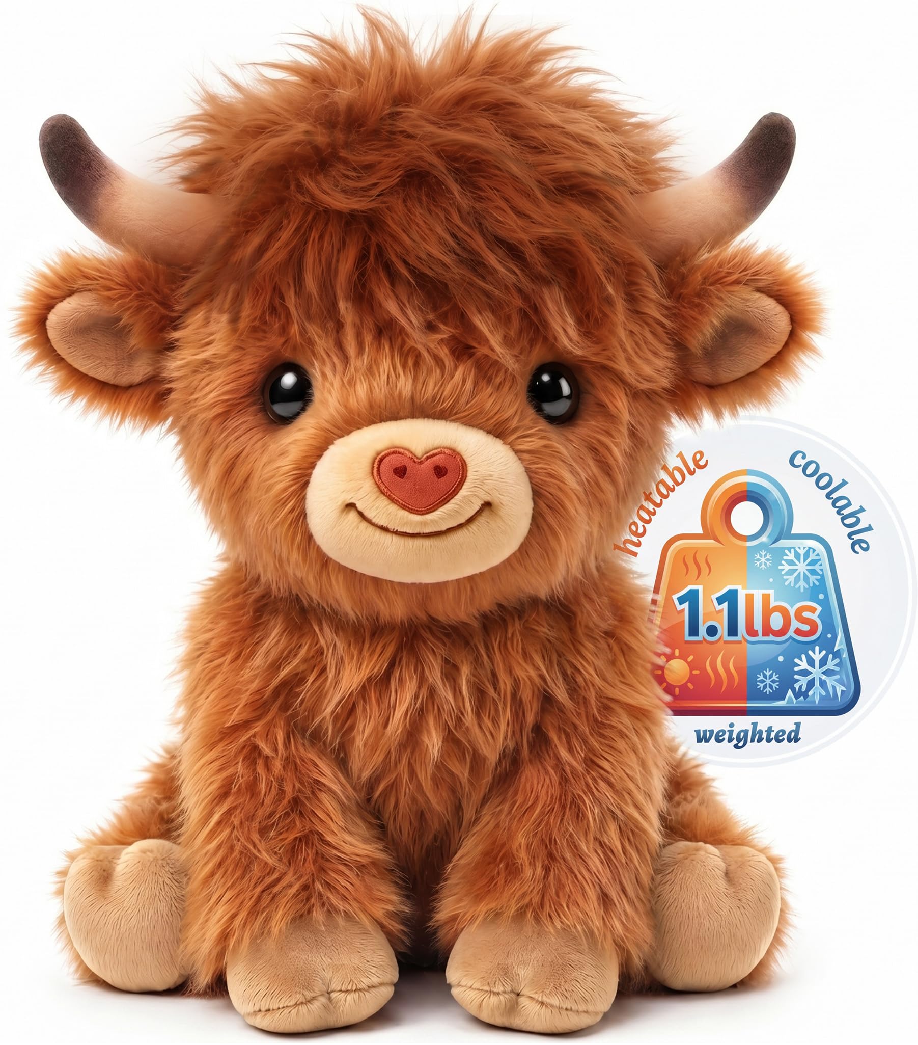 Mewaii Highland Cow Mikrowellen Wärmekissen, 25cm 0.45kg Gewichtskuscheltier mit Mikrowellengeeignetes Heizkissen, Süßes Flauschiges Hochlandrind Kuscheltier Festliches Geschenk für Kinder und Frauen