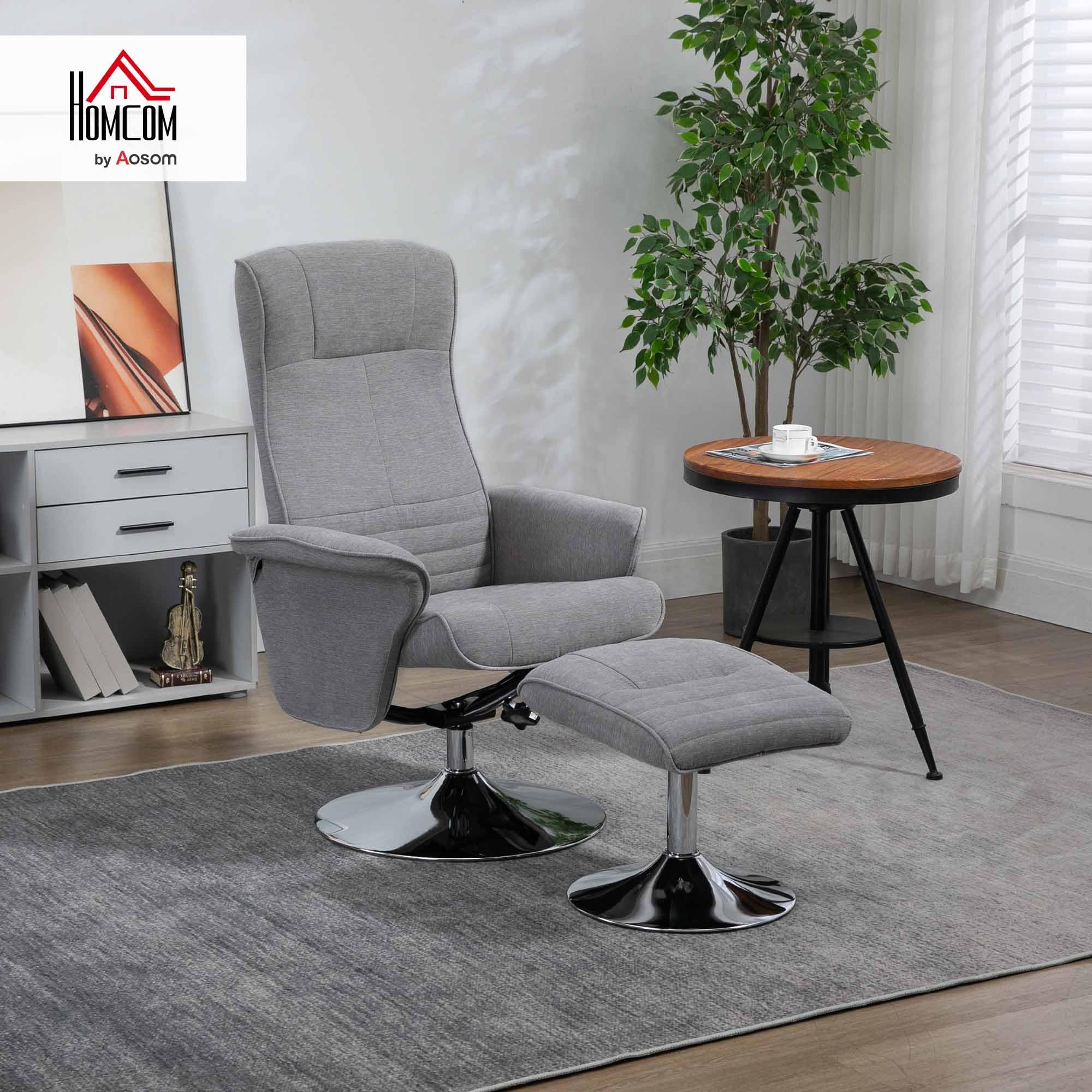 HOMCOM Fauteuil Relax, Fauteuil de Relaxation inclinable 135°, pivotant 360° avec Repose-Pieds, revêtement Tissu pour Salon, Chambre, Bureau, jusqu'à 150 kg, Gris