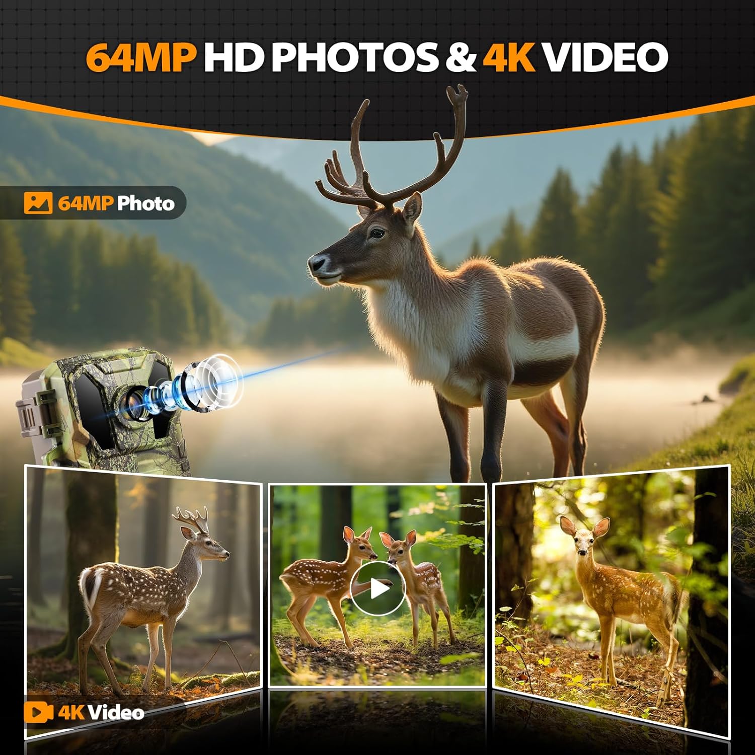 WiFi Solar Trail Camera - 4K 64MP Game Hunting Camera with Night Vision & 0.2s Trigger Speed, IP66 Waterproof, 32GB SD Card Included, Low Glow IR for Wildlife Monitoring