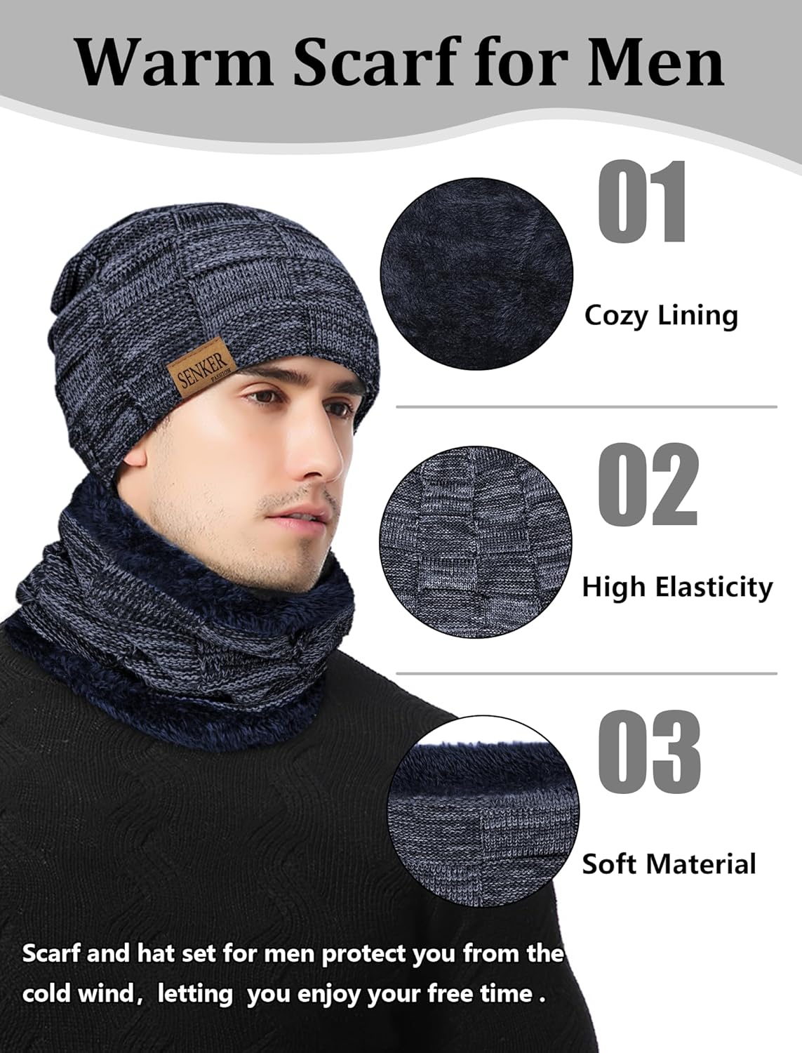Senker Fashion Winter Hats Scarf and Gloves Set for Men Women, Slouchy Beanie Cap Neck Warmer Screen Touch Gloves Gifts - Image 4
