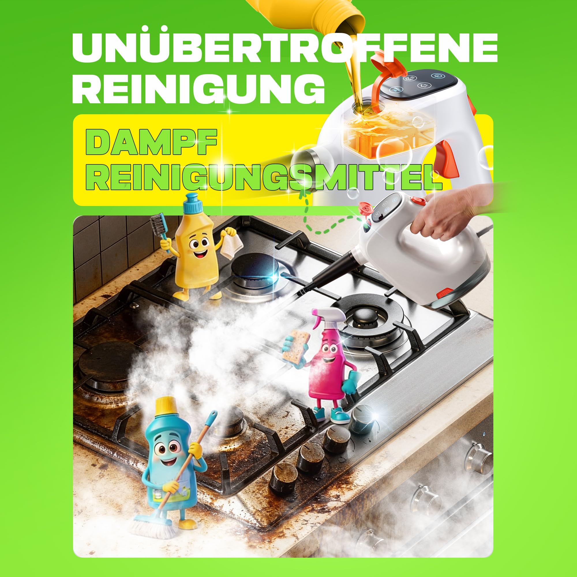Handdampfreiniger 1200W, 500ml abnehmbarer Wassertank mit Reinigungsmittelspender, entfernt Fett und Schmutz, Dampfreiniger Handgerät für Küche, Bad, Fugen, Fenster & Haushalt