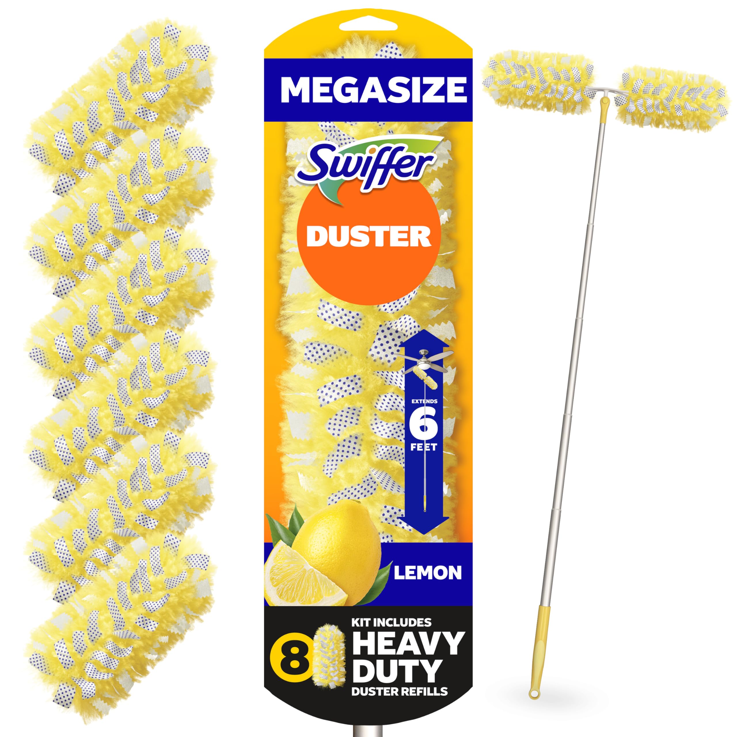 Swiffer Heavy Duty Duster Kit with 6 ft Super Extendable Handle, 8 Refills, Lemon Scent