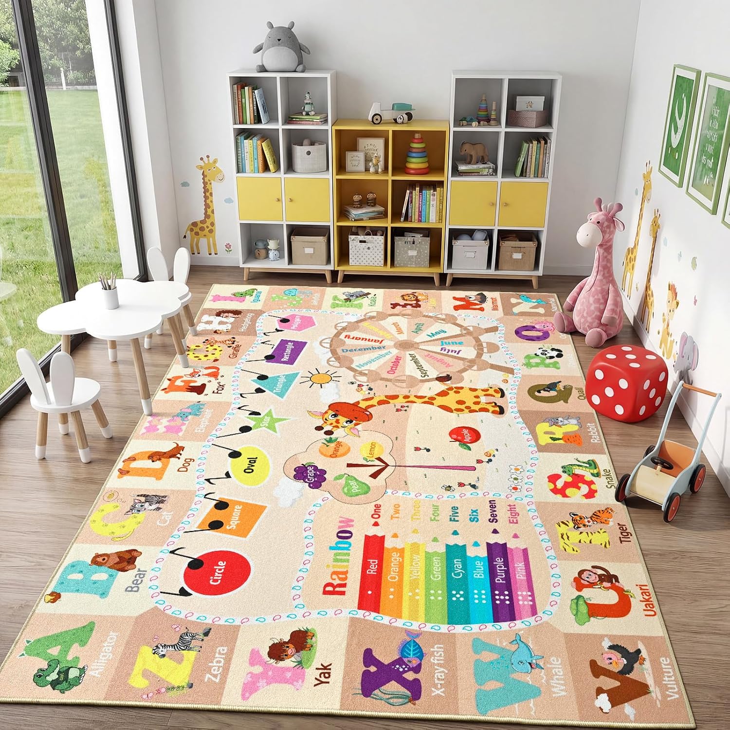 ST. BRIDGE Kids Rugs for Playroom 6x9, Educational Area Rug with Alphabet, Animals, Numbers, Shapes, Months & Colors, Non-Slip Washable Learning Play Mat for Nursery Classroom Toddler Room, Beige