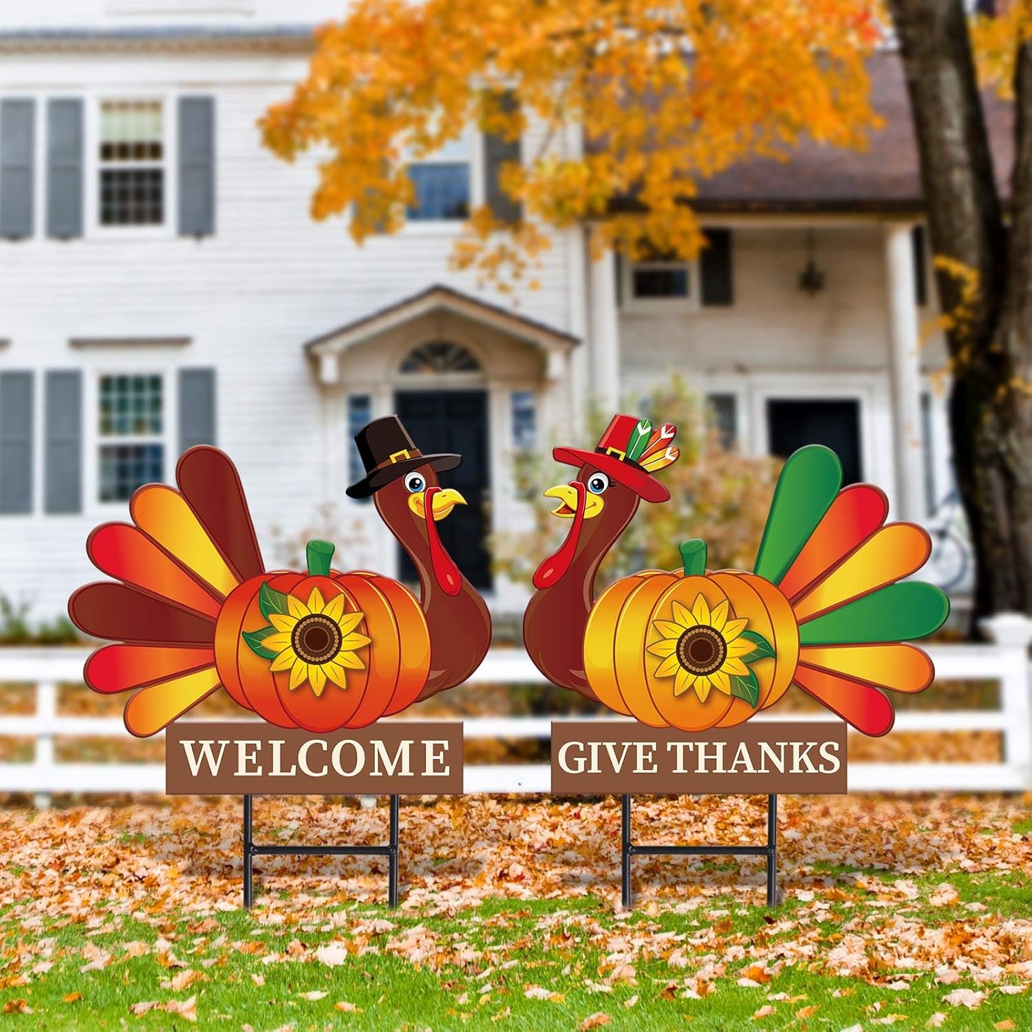 JarThenaAMCS 2 Pack Thanksgiving Metal Turkey Garden Stakes Decorations Fall Welcome Harvest Turkey Pumpkin Yard Sign for Autumn Thanksgiving Outdoor Lawn Patio Walkway Decor