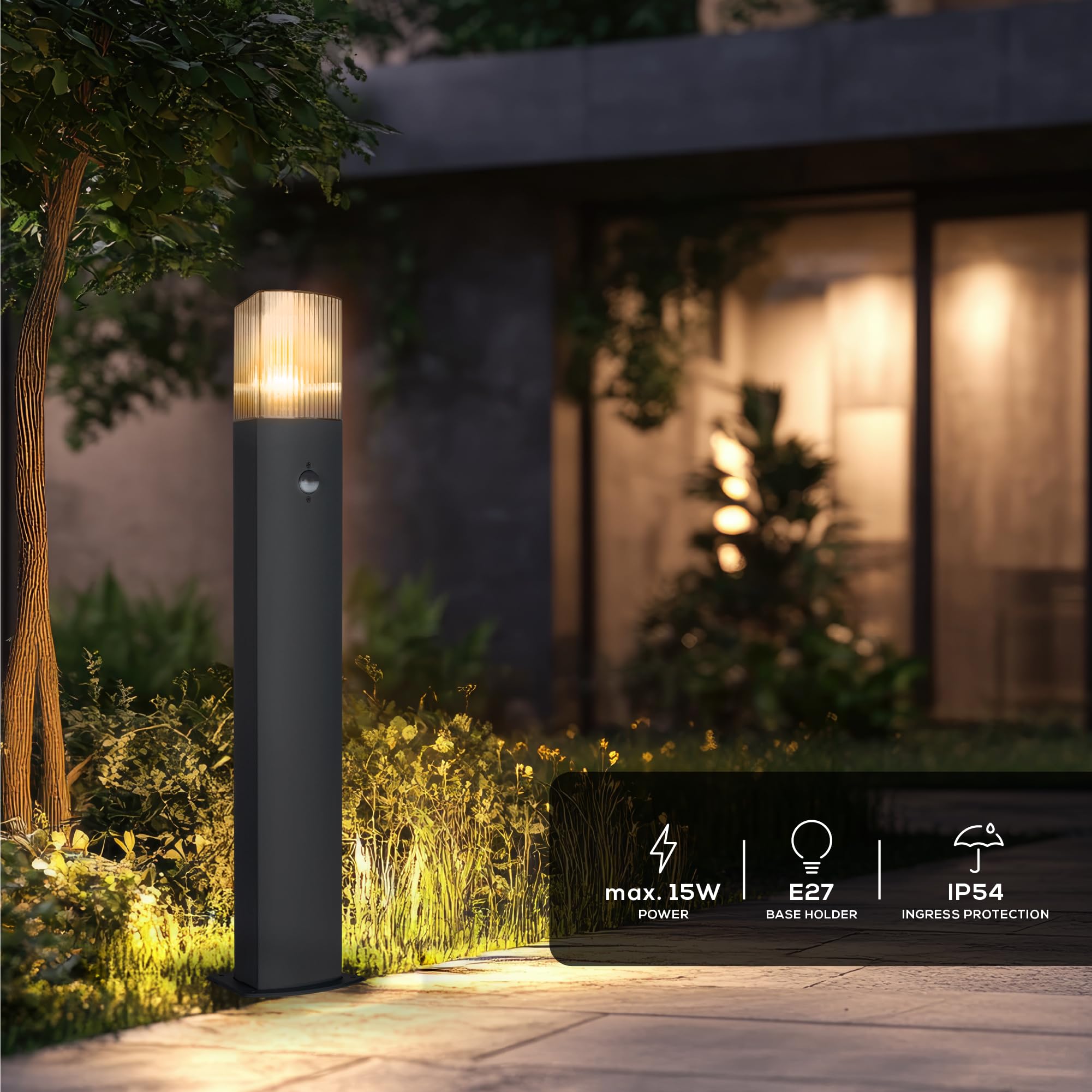 Paletto Luce da Giardino Esterno per Sentieri Vialetti Terrazze IP54 Palo Lampada da Terra Esterno Illuminazione Esterna Base E27 Lampadina non Inclusa (con sensore di movimento)