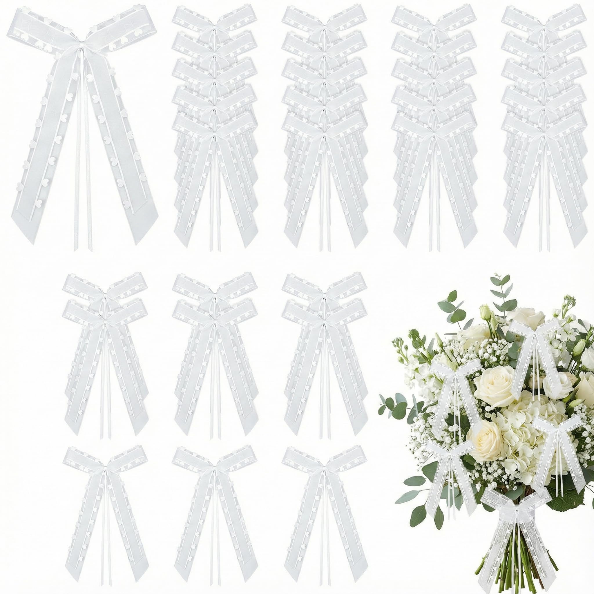 VGOODALL Lot De 100 Nœuds Voiture Mariage Blancs Avec Cœurs - Décoration Satin Élégante 25x12 Cm