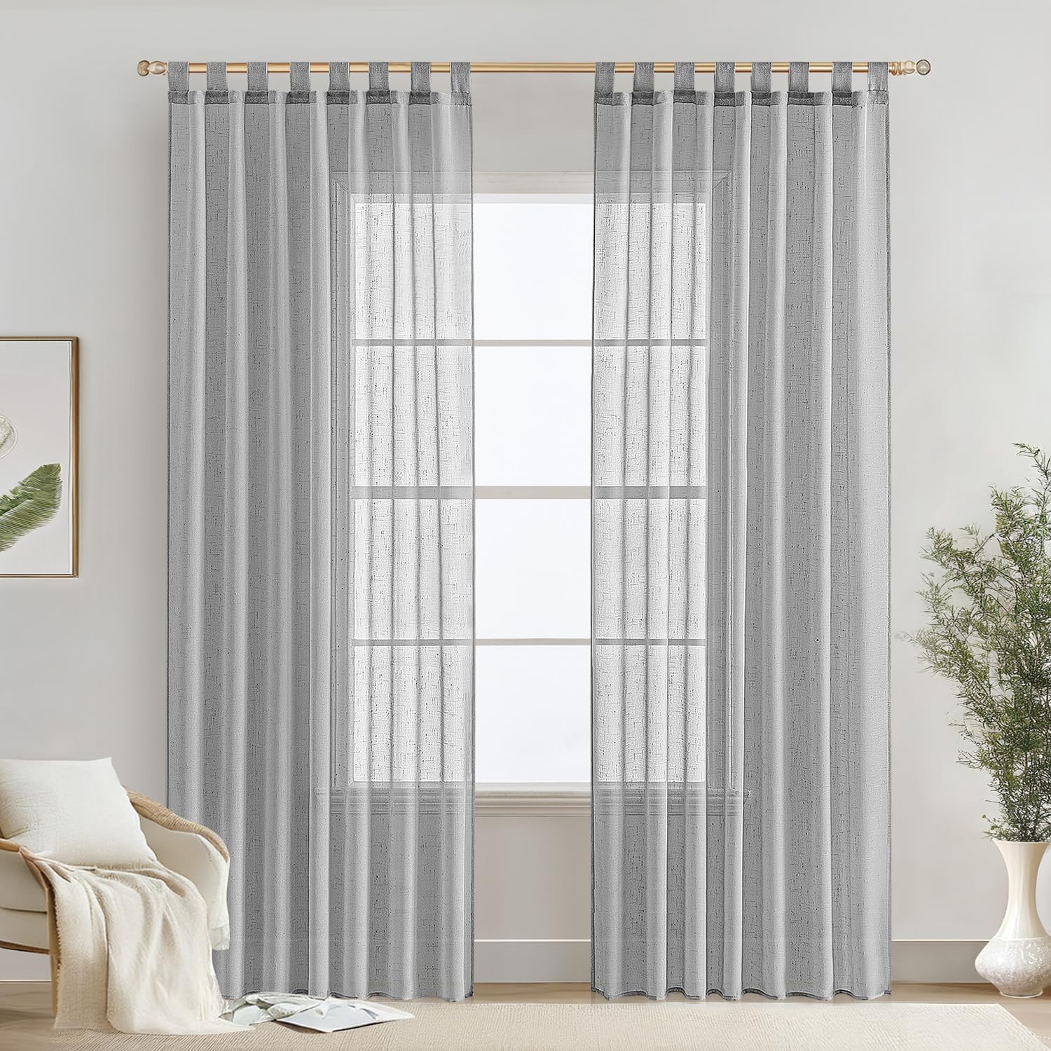 MIULEE 2 Piezas Visillos Cortinas Translucida Efecto Lino con Trabillas para Salón Ventana Habitación Dormitorio 140x245cm，Gris Claro