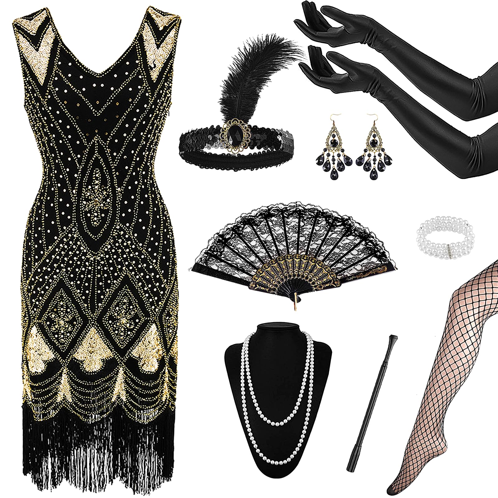 Lot de 9 costumes des années 20 pour femme, robe Charleston à franges, clapette des années 1920, col en V avec accessoires, colliers et boucles d'oreilles, pour robe des années 20