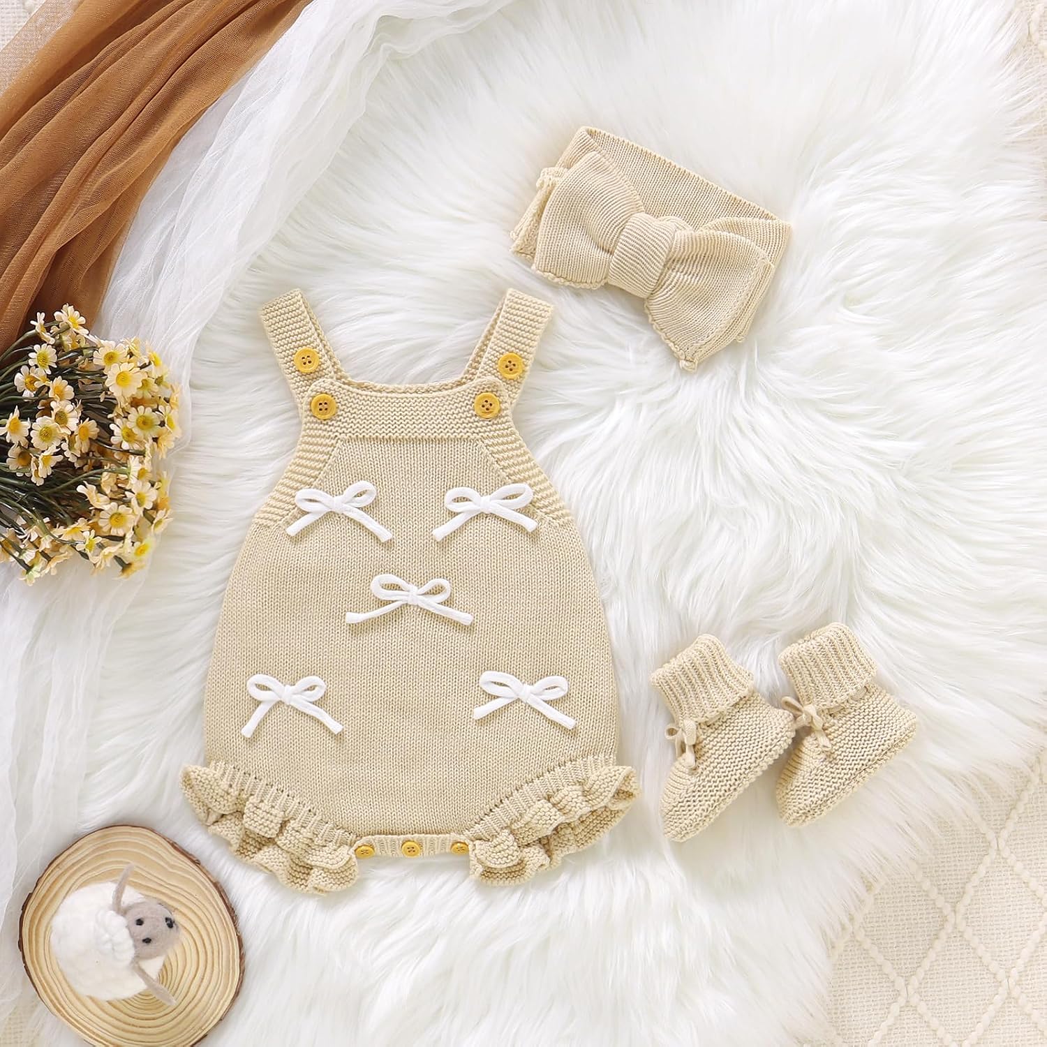Newborn Baby Jumpsuit Knit Romper Sweaters Overalls 3 PCS Gift Set with Booties and Headband for Baby Boy Girl