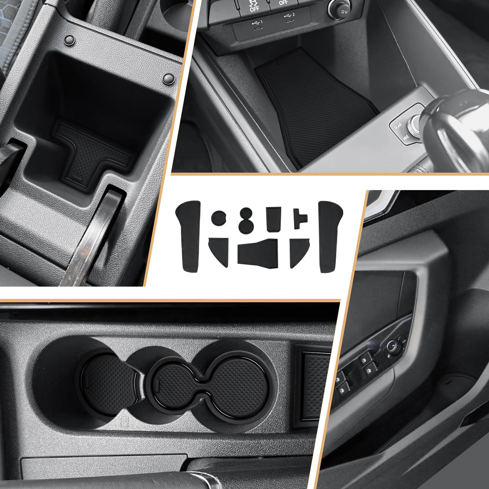 ECOZEN Tappetini Antiscivolo Audi A1 GB 2019-2025 Impermeabile antiscivolo Tappetini in Gomma per Console Centrale, Porta Bicchieri, Scanalatura Porta, Audi A1 GB Accessori(Nero)