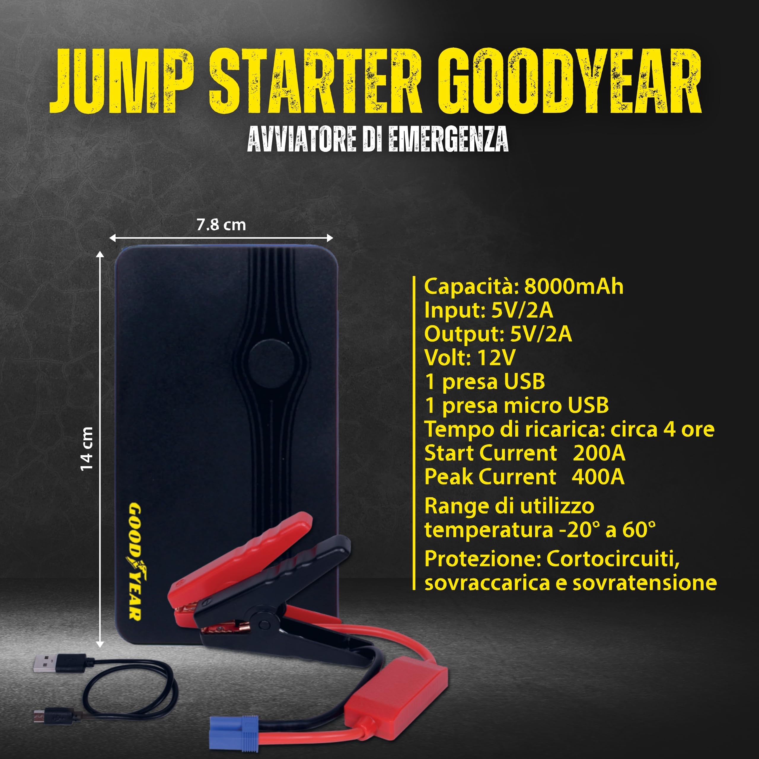 Goodyear, Arrancador de Emergencia de 8000 mAh, multifunción, batería de Litio, para vehículos a Gasolina/diésel, función Banco de energía, Linterna LED con 3 Modos de Uso