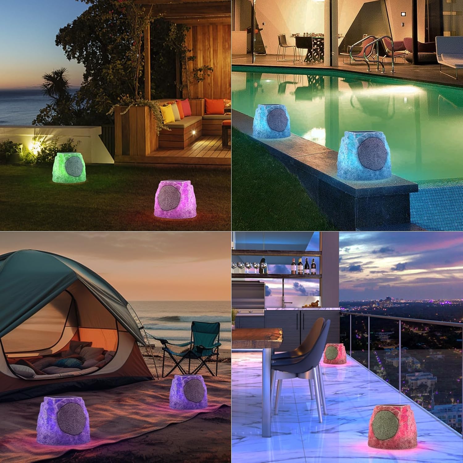 SDX Solar Bluetooth Rock Speakers, Outdoor Speaker Waterproof with RGB Lights, Wireless Stereo Pair, Solar/USB Charging, All-Weather Garden Patio Speakers BBQ Deck 7-Color LED Lights