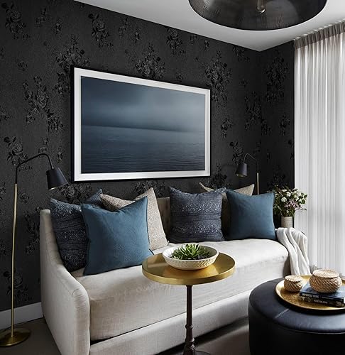 Miniatura 2 de Erfoni Papel tapiz negro para despegar y pegar, papel de contacto en relieve floral negro de 17.7 pulgadas x 393.7 pulgadas, papel tapiz de flores