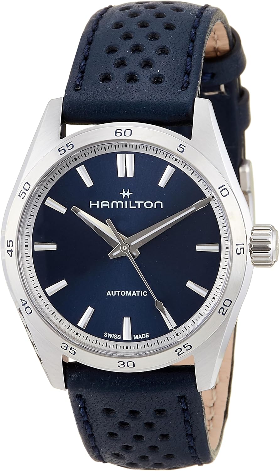 Hamilton Jazzmaster Performer Automatic Men's Watch, 34mm Stainless Steel Case, Swiss Made, Blue Dial Analog Wrist Watch, 100m Waterproof, Sapphire Crystal, 3-Hand Movement, Calf Leather Strap