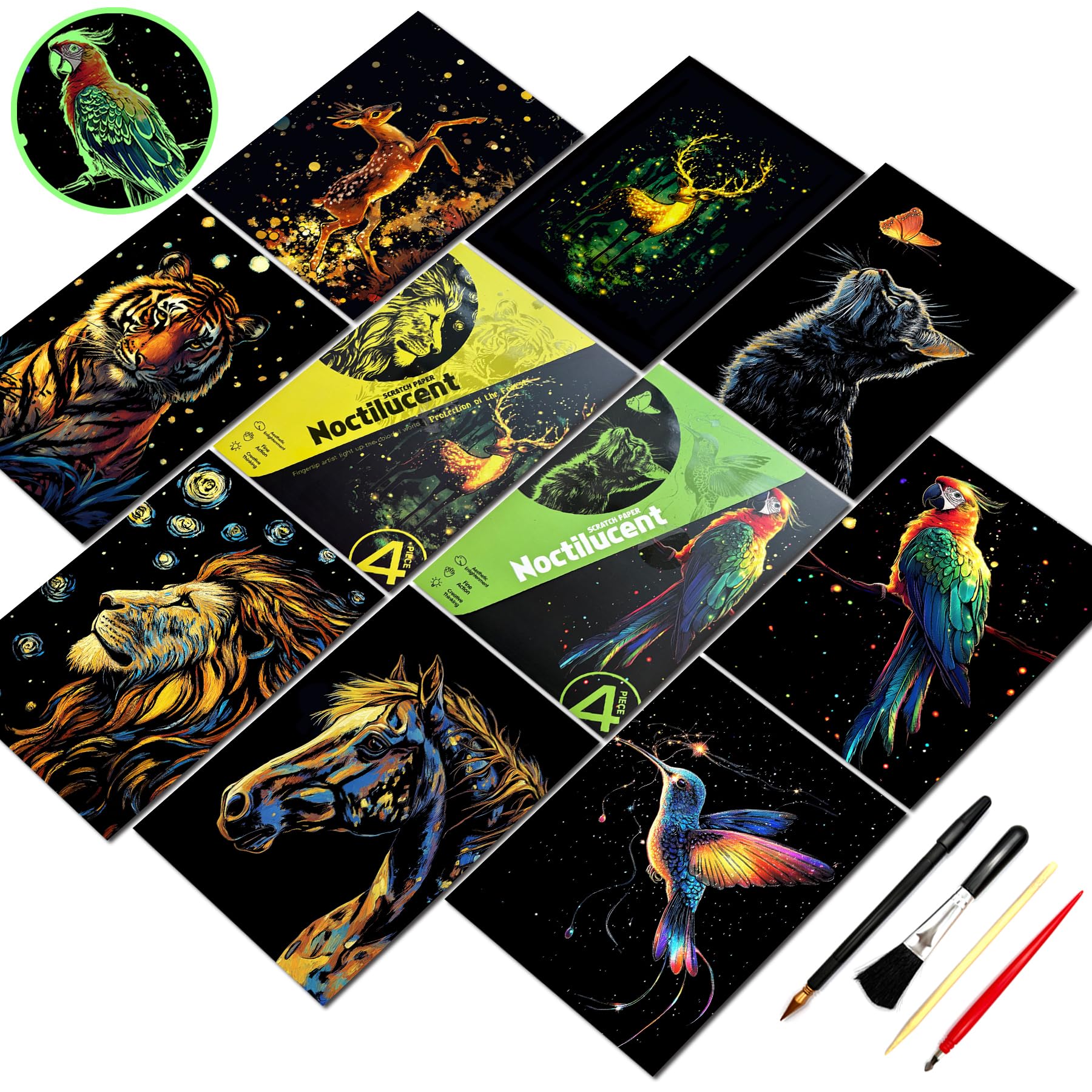 SiYear Scratch Art for Adults-Glow in The Dark Scratch Painting Craft Kit |Foil Engraving Art Set|Stress Relief Gift for Craft Lovers|Creative Scratch Art Home Decor(Animal Series-A5)