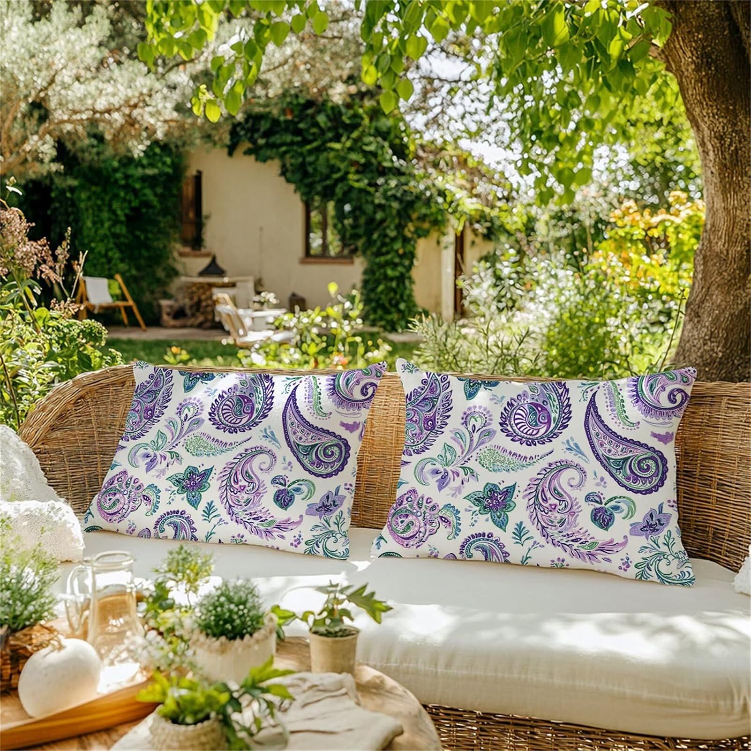 クッションカバー紫 70x90 cm 防水 亜麻 アウトドア クッション 長方形 2枚 両面プリント枕カバー 隠しファスナー付き，腰