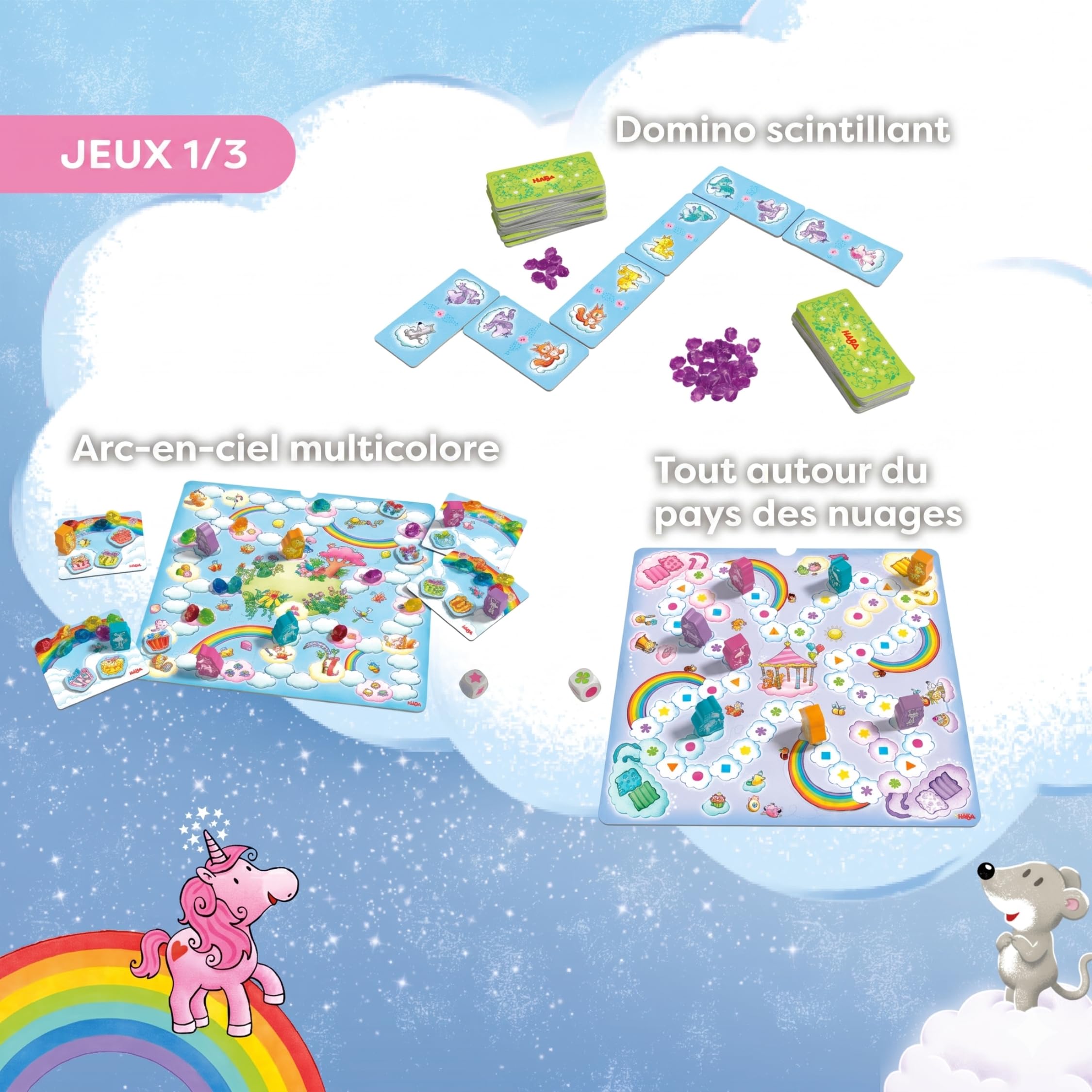 HABA Licornes dans Les Nuages – Collection de Jeux à partir de 3 Ans avec 9 Jeux de dés, de Cartes et de Plateau variés pour 2 à 4 Enfants, faciles à Expliquer – 2012231002