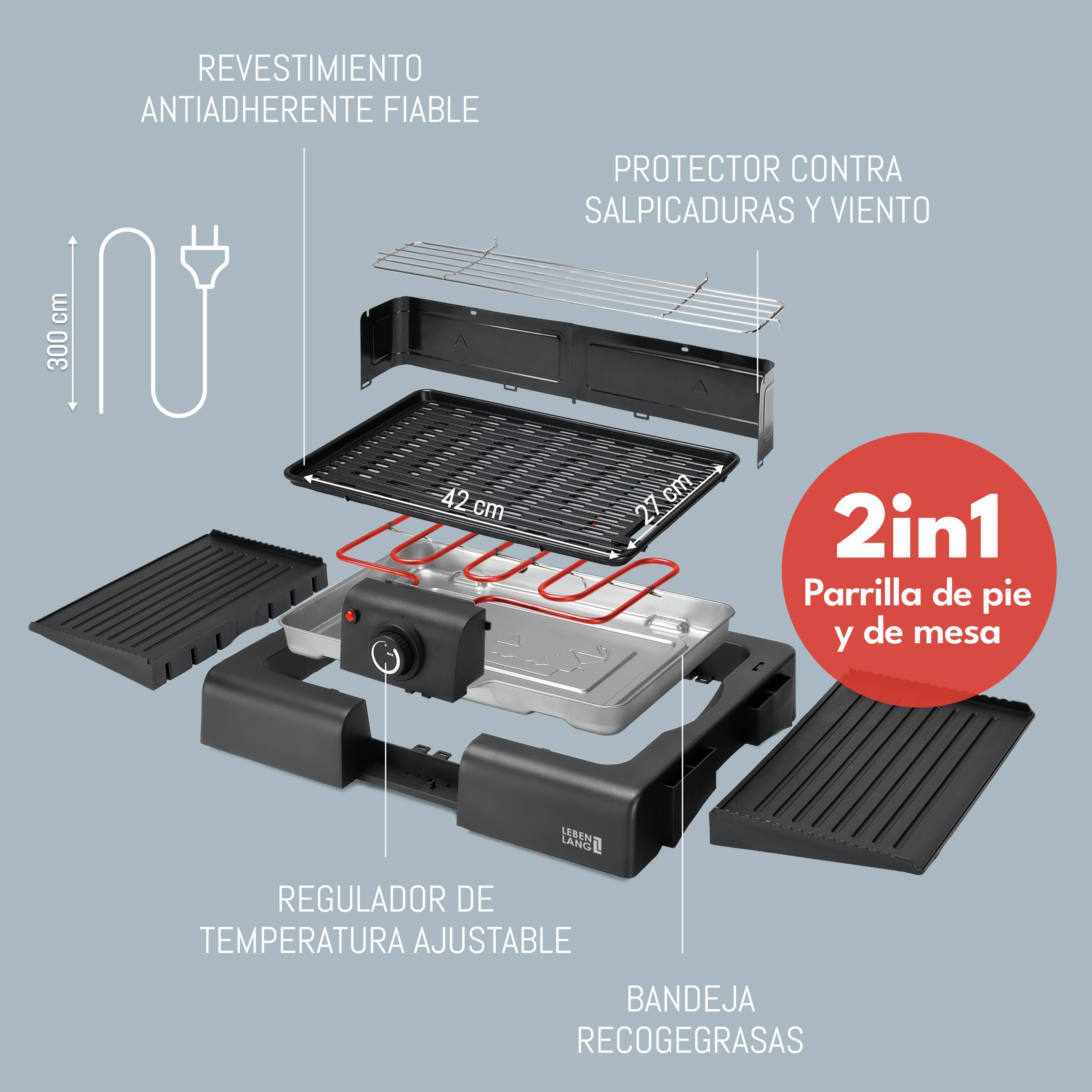 LEBENLANG Parrilla barbacoa electrica 2en1 - Incl. soporte & pinzas para parrilla I Grill electrico Parrillas para barbacoas I Grelhador eléctrica Plancha barbecue I Asador de carne Churrasqueira