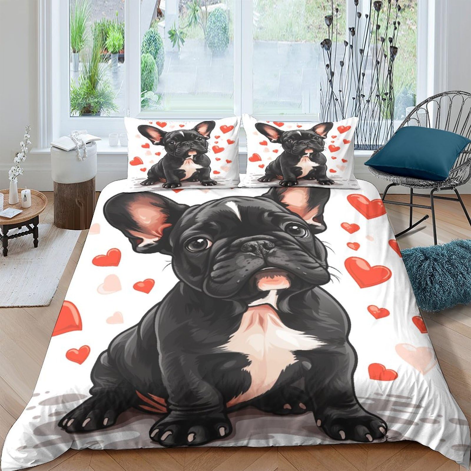 Stampato in 3D Bulldog francese Copertina Stampata Microfibra Disegnata Biancheria Da Letto Stile Morbido Con 2 Federe,Double（200x200cm）, Per Ragazzi Adulti