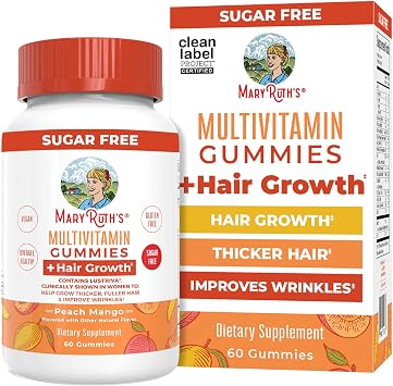 MaryRuth's Multivitamin + Hair Growth Gummies | with Lustriva | Biotin 10000mcg | B Vitamins | Formulated for Thicker Hair, Wrinkles, Fine Lines, Skin Care | Ages 18+ | 30 Servings