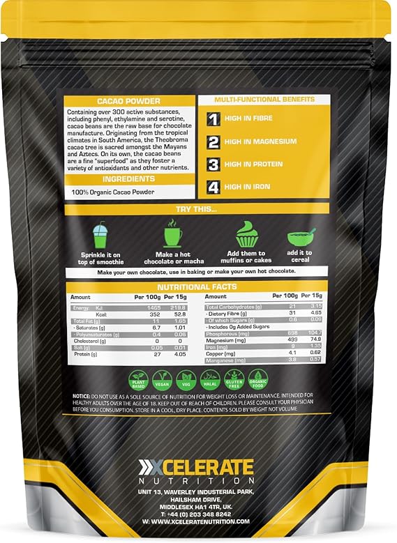 Organic Cacao Powder | Rich in Potassium & Manganese | Ideal for Hot Chocolate, Smoothies, and Baking | Pure, Vegan, Unsweetened, and Non-Alkalised | GMO-Free by XCelerate Nutrition (25g)