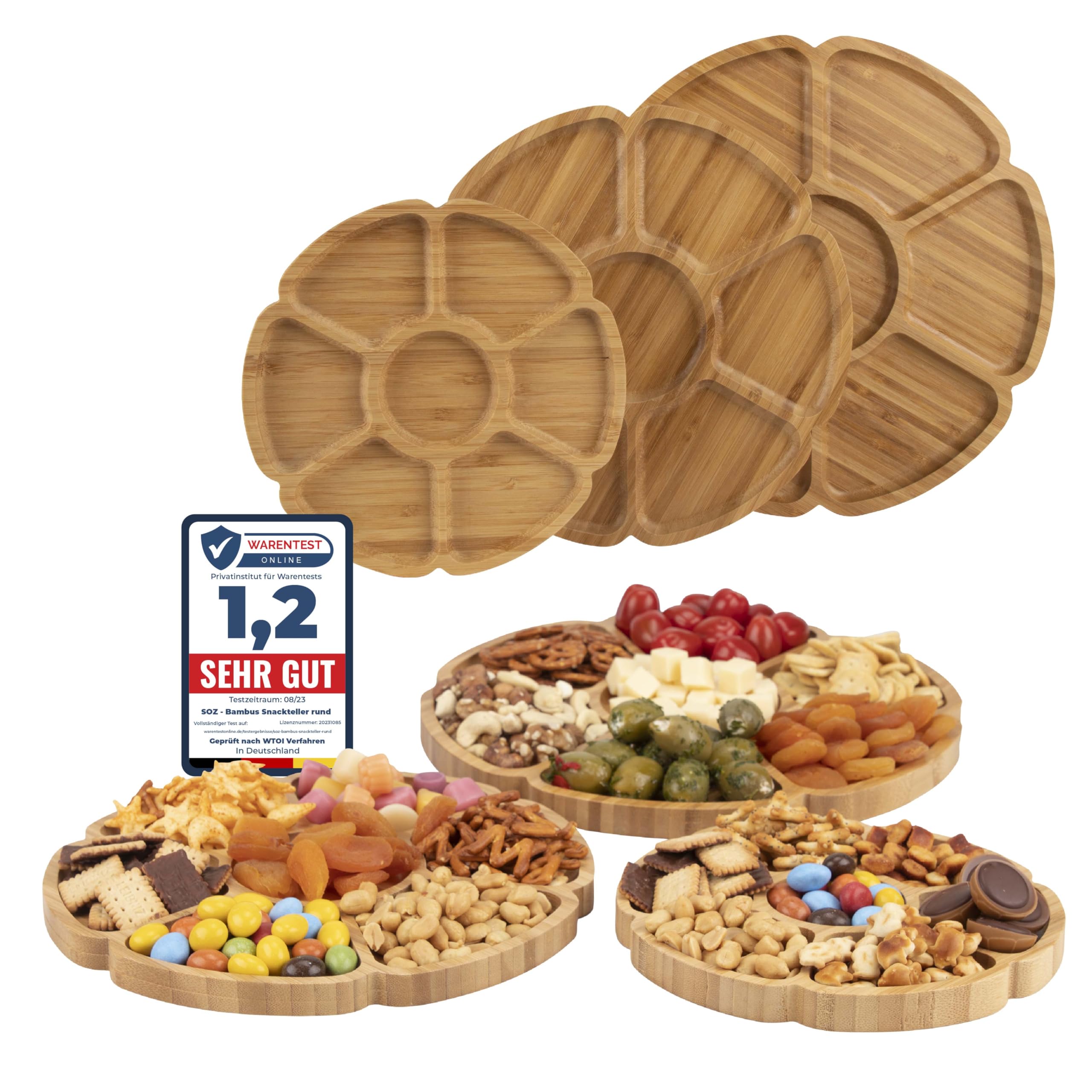 Soz ® Lot de 3 assiettes rondes en bambou – 1,5 cm de profondeur – Assiettes à collation durables avec compartiments – Plateau décoratif en bois – Plateau de service – Assiettes à apéritif portions