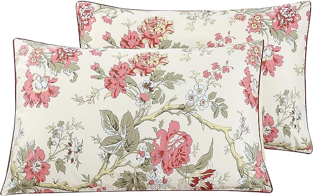 STYHO 100% Egyptian Cotton Floral Printed Decorative Pillow Cases 2 Pack Rectangular Standard Size Luxurious Anti Wrinkle Pillow Cover for Hair and Skin(Pink-Cream,50 x 75cm)
