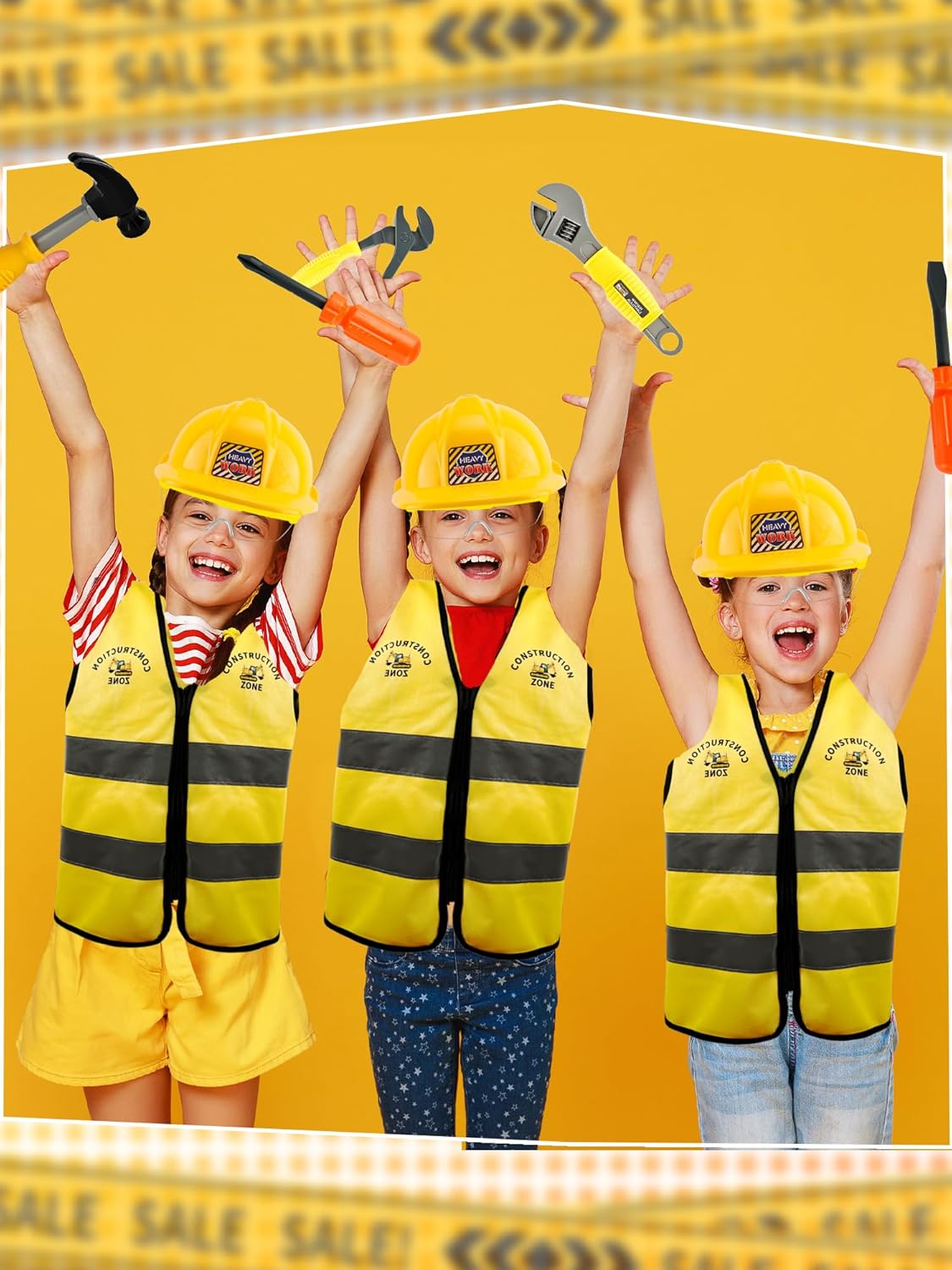 Kids Construction Worker Costume Set Construction Worker Vest and Hat Goggles Tools Construction Role Play Builder Dress Up Accessories for Kids Halloween Birthday Party