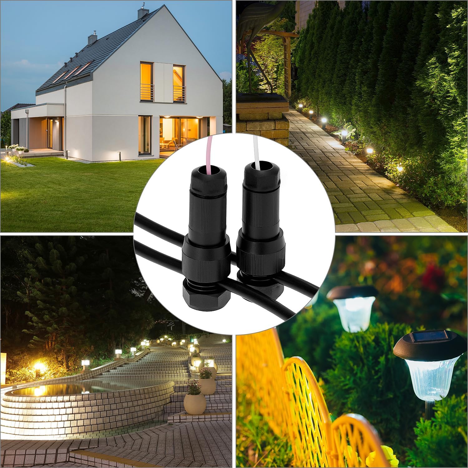 QWORK 22Pack Low Voltage Waterproof Landscape Light Cable Connectors, Brass Electroplating Pins for 12-20 Gauge Wires