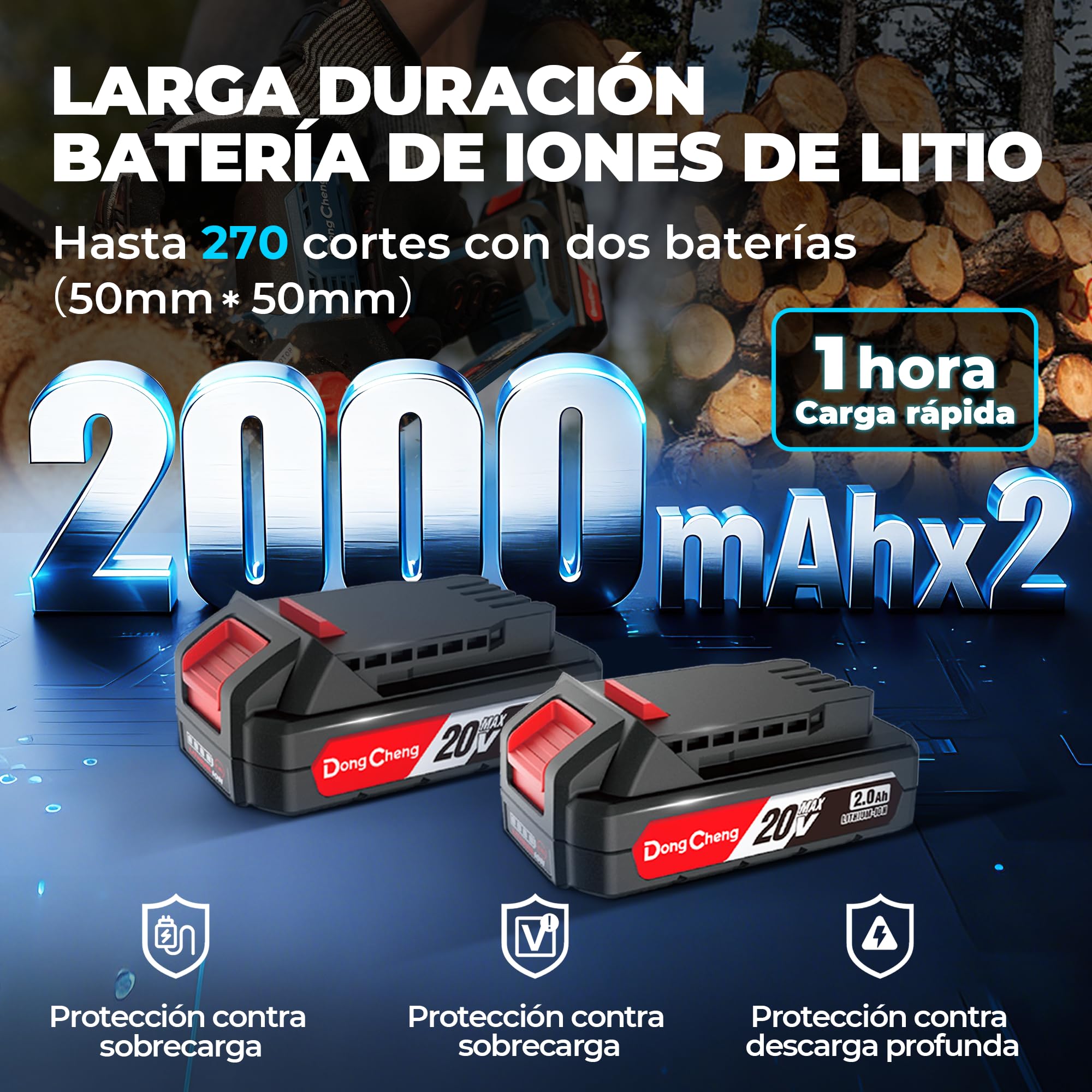 DongCheng Mini motosierra para jardineros y campistas. motor 750W sin escobillas, 2×2000 mAh, 1,2 kg, manejo a una mano, 15 cm, 8 m/s, tensión sin herramientas y engrase auto