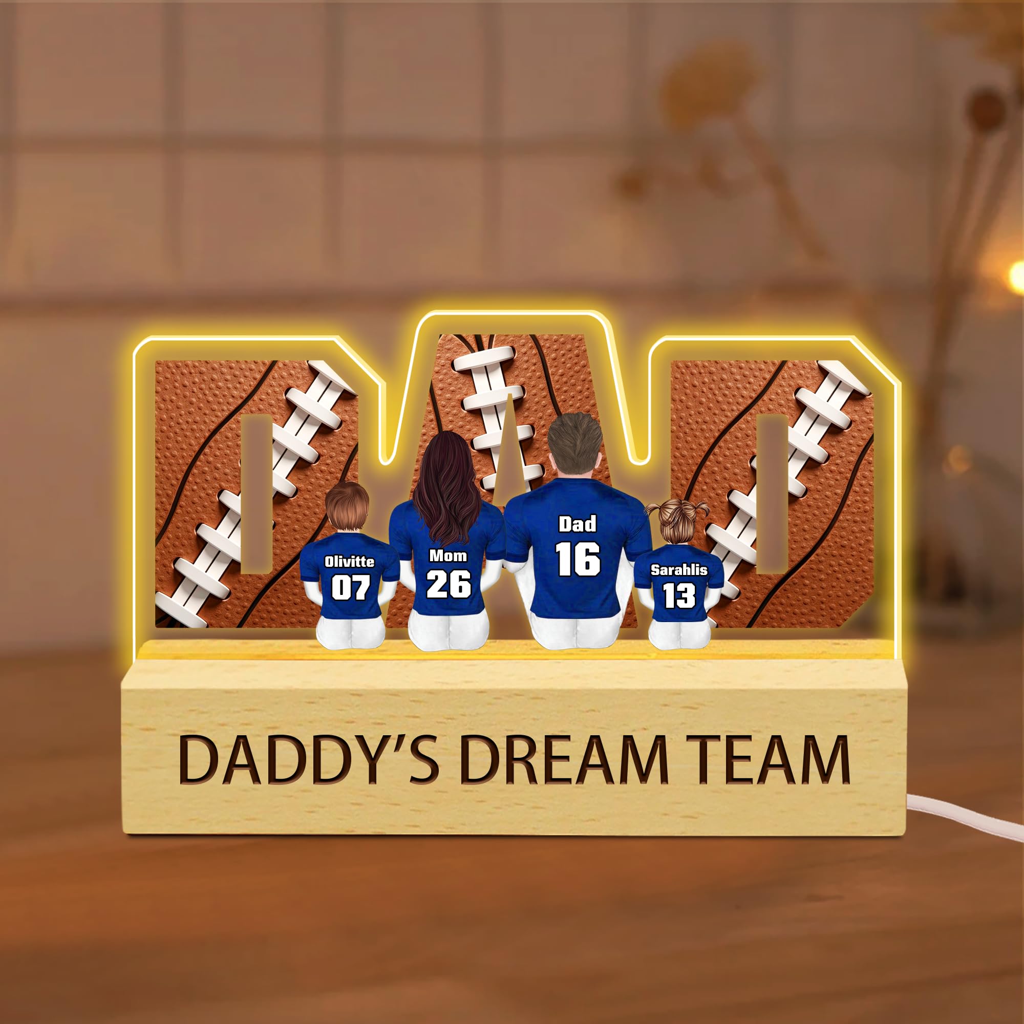 Daddy's Dream Team Personalized Football Acrylic Led Night Light, Custom Football Dad Acrylic Plaque Light with Family Names, Father's Day Birthday Decor Gifts for Papa Dad Husband (Style 04)