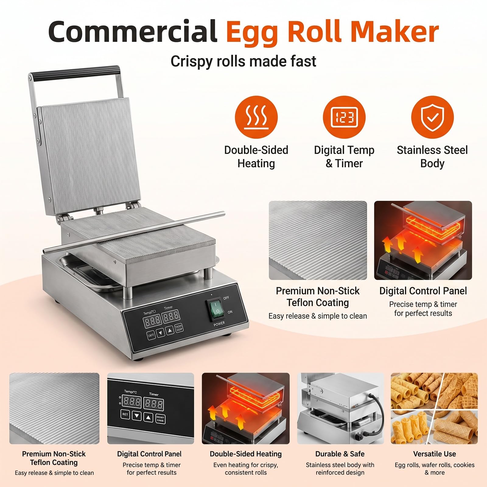 Máquina eléctrica comercial para hacer rollos de huevo, de acero inoxidable, para hacer conos de waffle crujientes, con temporizador de 0 a 9.99 minutos y calentamiento por ambos lados