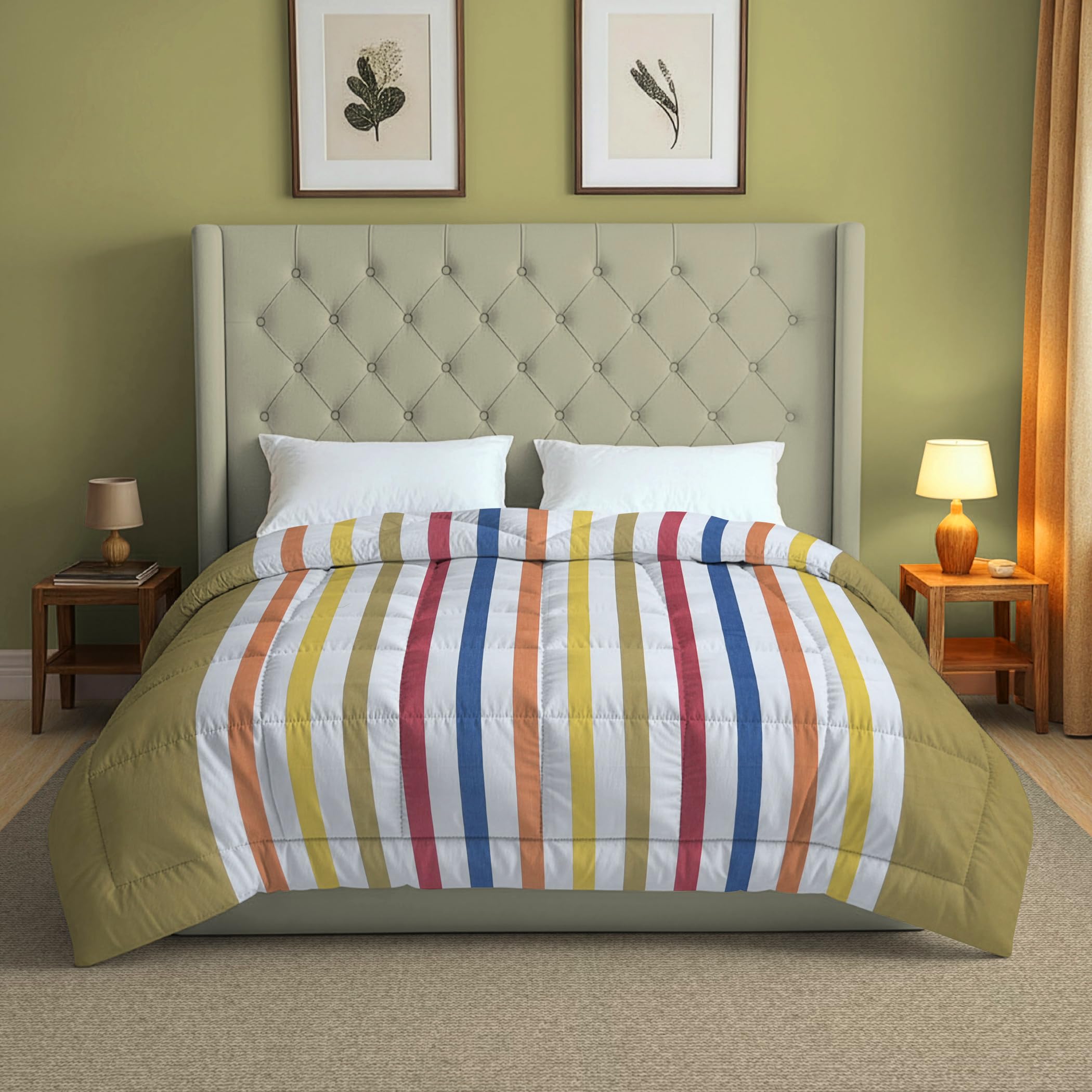 Swayam Magical Linea Collection Pure Cotton Double(90x100inches) Comforter, 150 GSM Lightweight AC Room Blanket, All Season & Mild Winter Quilt, Soft Breathable Bedding, Olive Green & White Striped-image-25