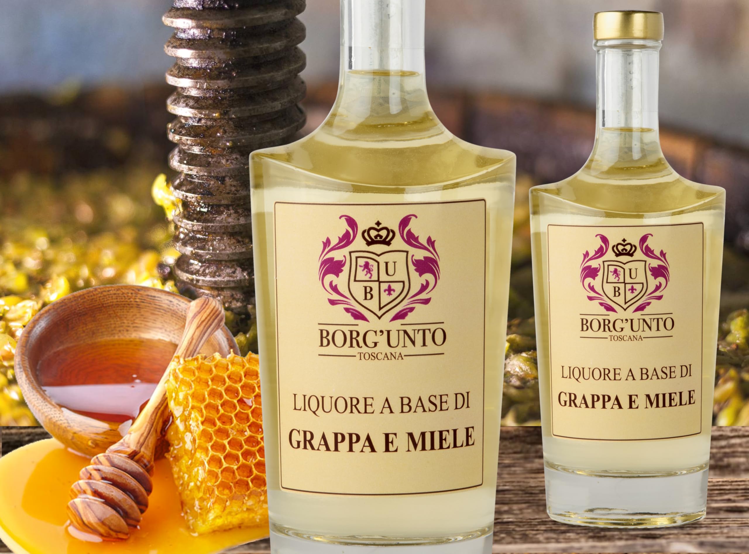 Borgunto® Liquore al Miele su Base Grappa 50cl - Digestivo Artigianale di Grappa Chianti Classico e Miele Millefiori Toscano (6pz)