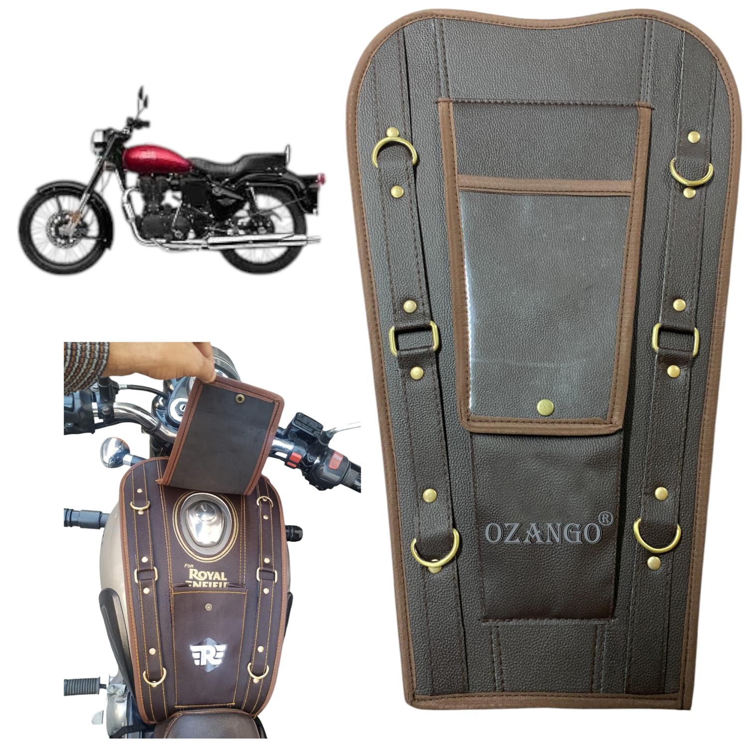 OZANGO Bike Waterproof Artificial Leather Material Petrol Tank Cover/Tank Bag Brown & Brown Lining Compatible with RE Bullet Electra 350cc-image-13