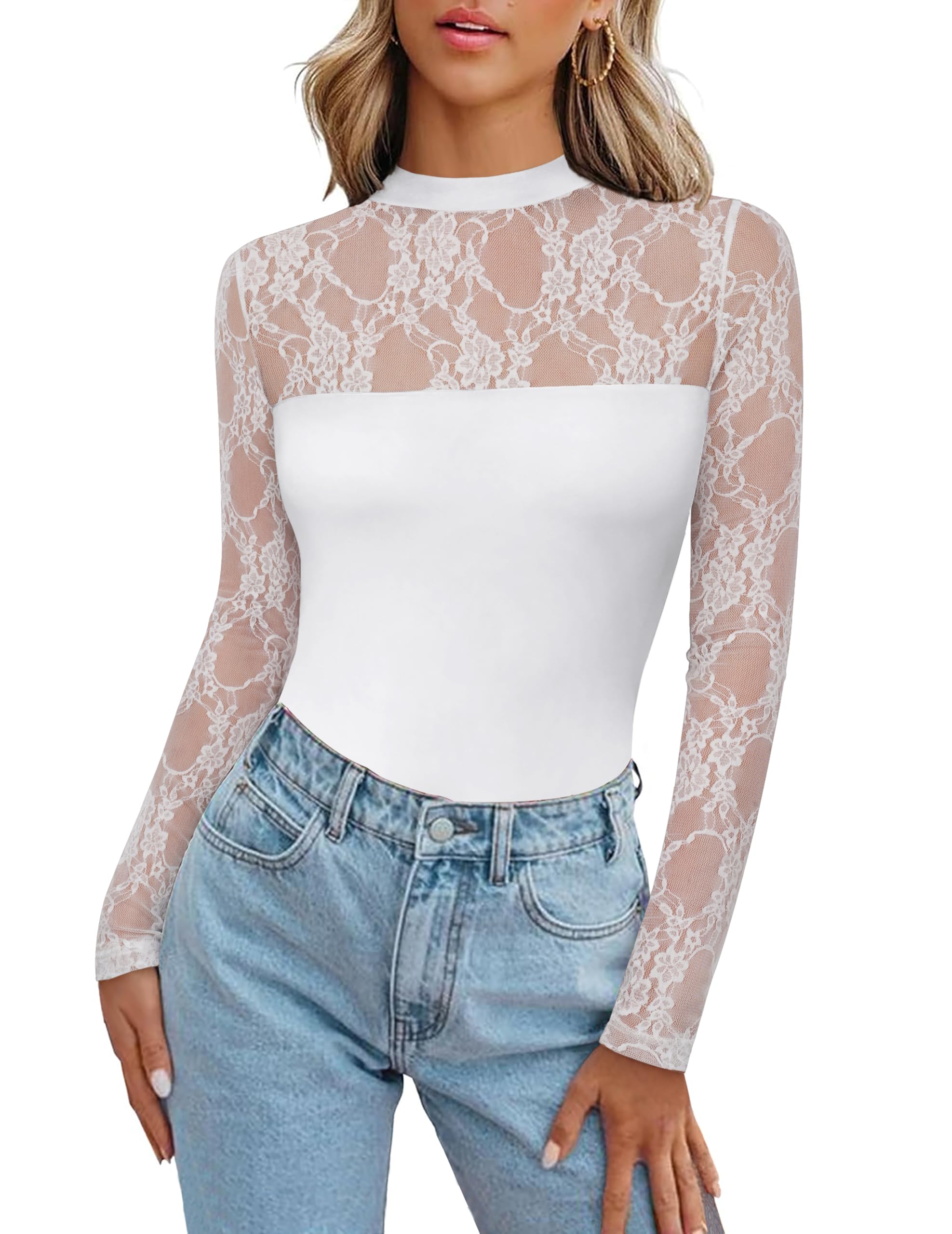 Zeagoo Long Sleeve Shirts for Womens Lace Tops Mesh Sheer Crew Neck Shirts Sexy Spring Going Out Blouse