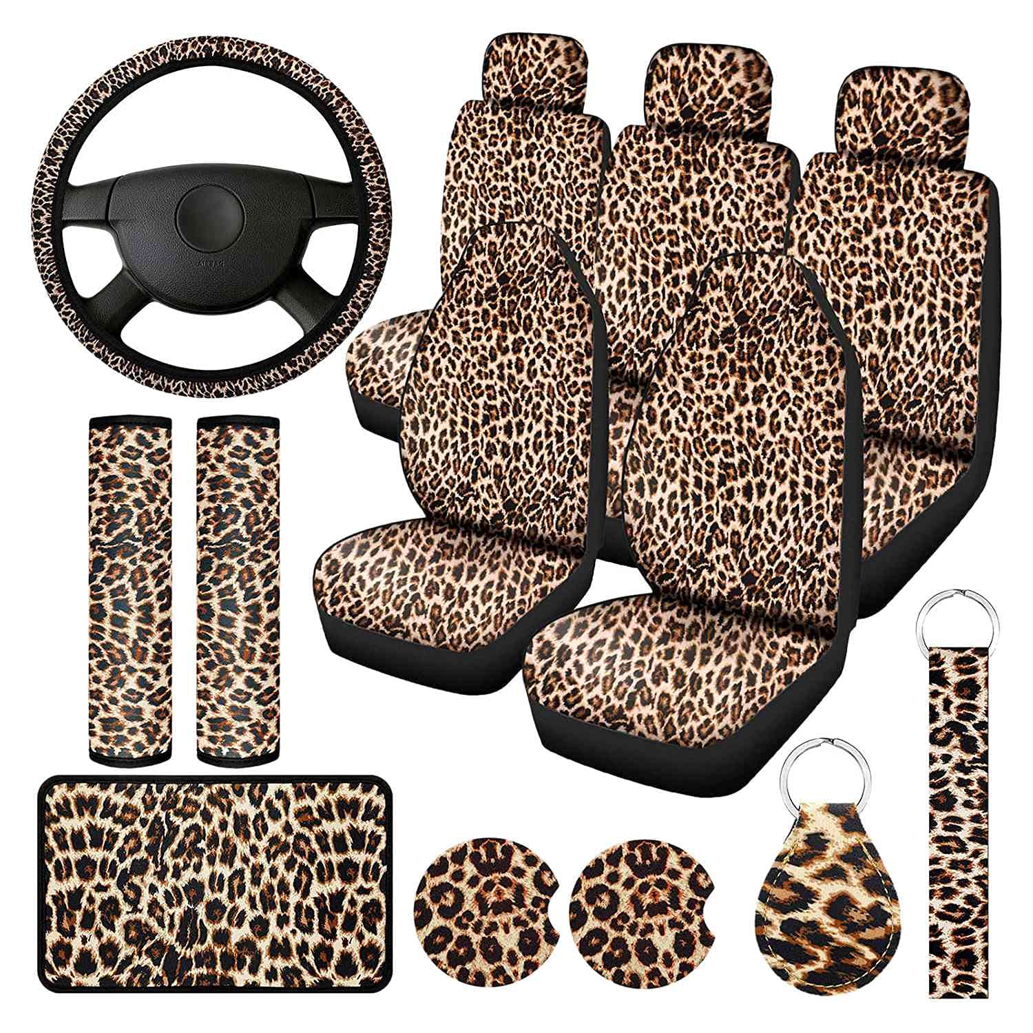 Juego de 15 fundas de asiento con estampado de leopardo, para volante, almohadilla de seguridad, posavasos, reposabrazos acolchado y