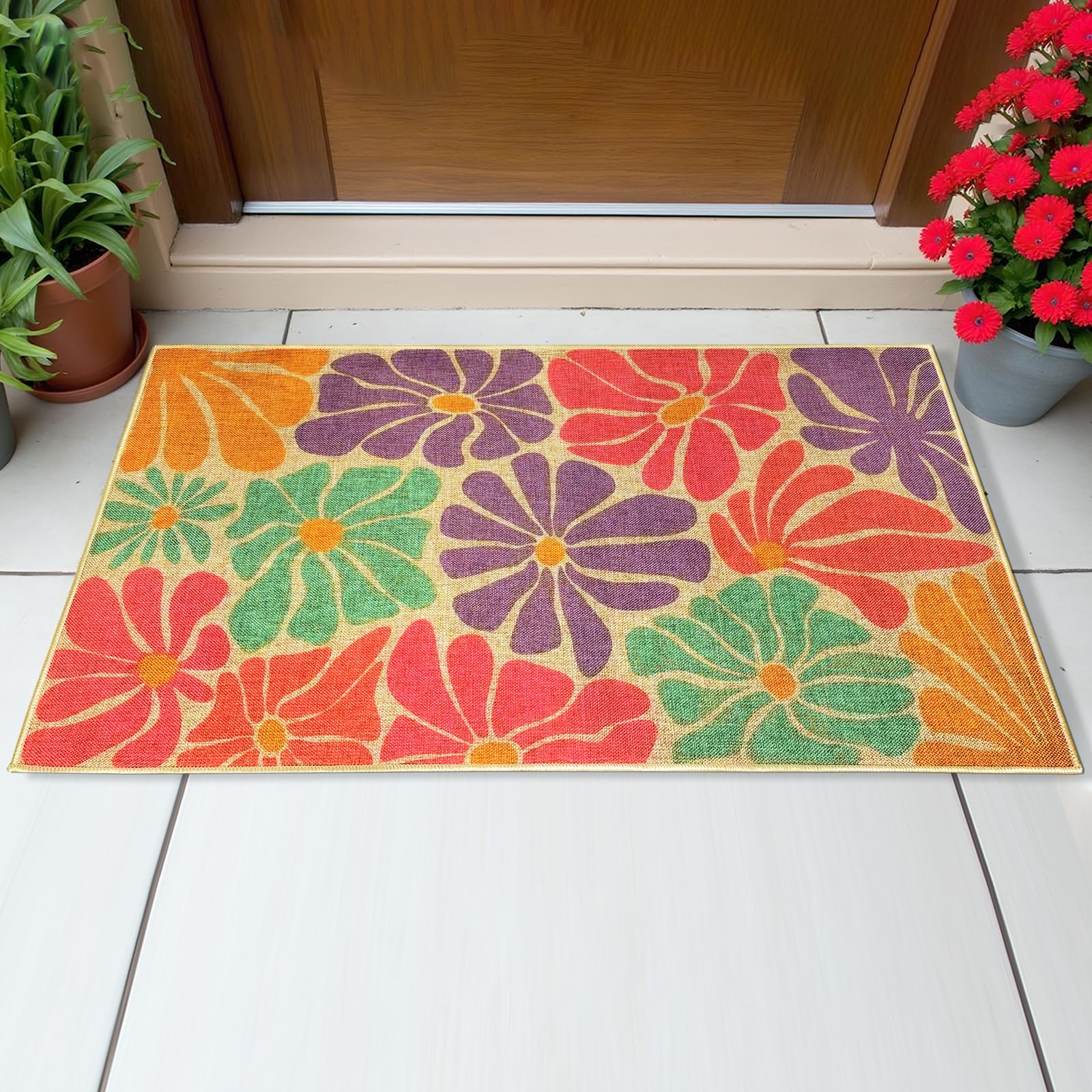 Floral Welcome Doormat Mats for Outdoor Indoor Entrance Retro Spring Flower Door Mat Non Slip Entryway Front Back Door Floor Mat Inside Outside Carpet
