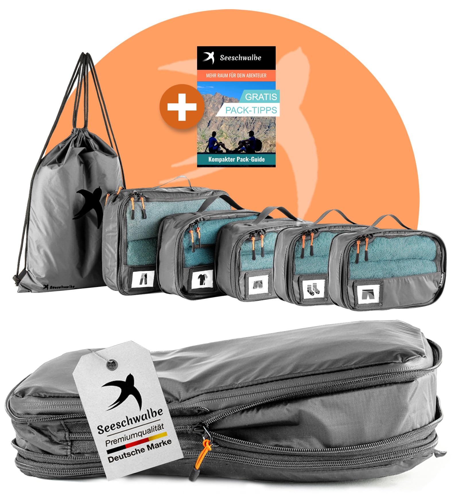 SEESCHWALBE Packwürfel Set mit Kompression | Packing Cubes | Packtaschen & Gepäck Organizer für Rucksack & Reise Koffer | Extra leichte Kleidertaschen als Koffer Organizer (6-teilig, grau)