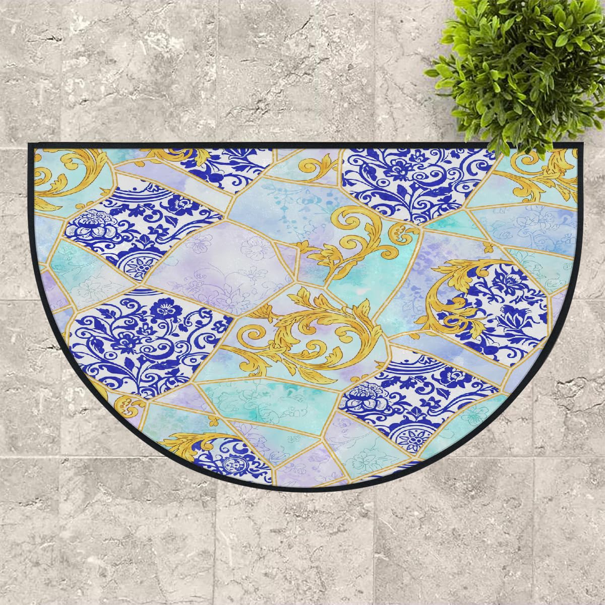Kintsugi große halbrunde Fußmatte – blau-weißes Porzellan, waschbar, rutschfest, halbrund, Eingangsbereich, Teppich, niedlich, weich, halbrund, saugfähig, Teppich für Küche, Badezimmer