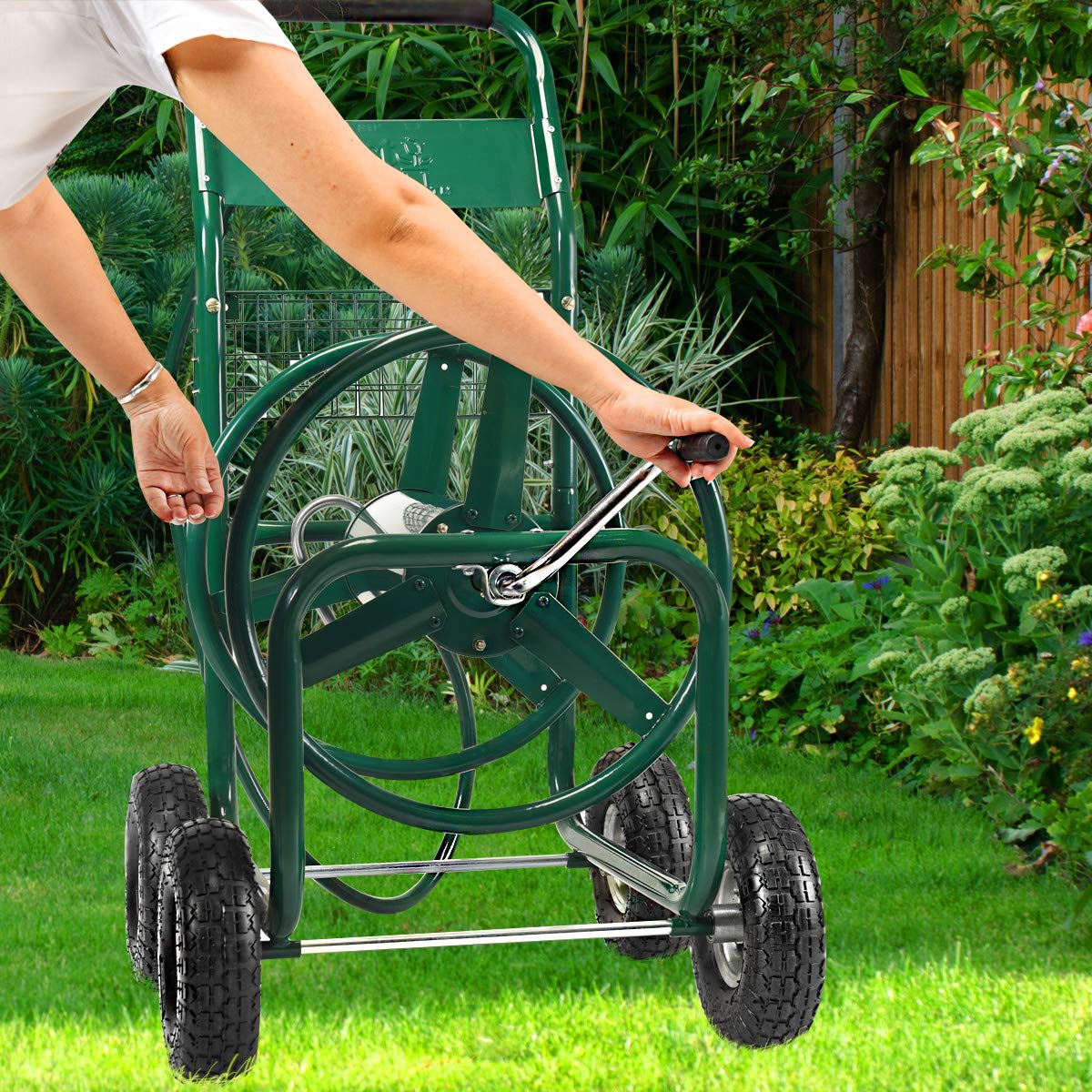 COSTWAY 80M Schlauchwagen Gartenschlauchwagen, für 5/8" Schlauch, Schlauchaufroller mit Korb, Schlauchhalter Metall, Schlauchtrommel mit 189cm Anschlusschlauch
