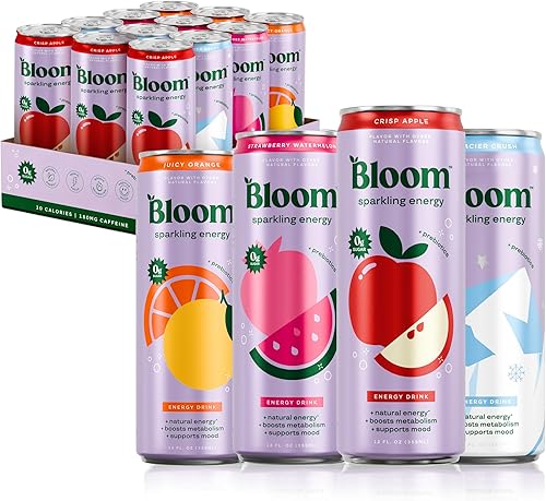 Bloom Nutrition Bebida energética espumosa, paquete variado de manzana crujienteglaciar crush, cafeína natural, cero azúcar, 180 mg de cafeína, rica