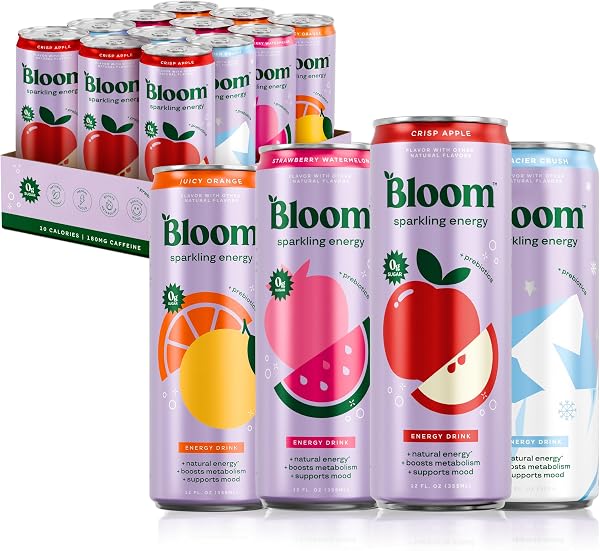 Bloom Nutrition Sparkling Energy Drink - Apple Crisp / Glacier Crush Variety Pack - Natural Caffeine, Zero Sugar, 180mg Caffeine - Antioxidant-Rich with Green Coffee Bean, Green Tea Extract, Prebiotics - 12oz 12 Pack, Crisp Apple / Glacier Crush Variety P