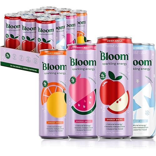 Bloom Nutrition Sparkling Energy Drink - Apple Crisp / Glacier Crush Variety Pack - Natural Caffeine, Zero Sugar, 180mg Caffeine - Antioxidant-Rich with Green Coffee Bean, Green Tea Extract, Prebiotics - 12oz 12 Pack