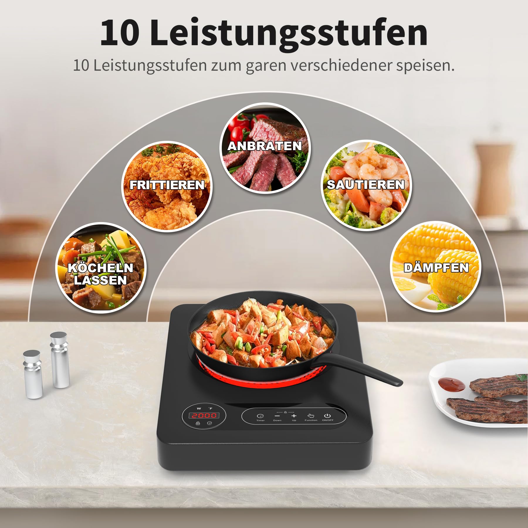 VBGK Glaskeramikkochfeld 220V 2000W LED-Touch-Steuerung 10 Leistungsstufen 4-Stunden-Timer Sicherheitsschloss 1 Platte